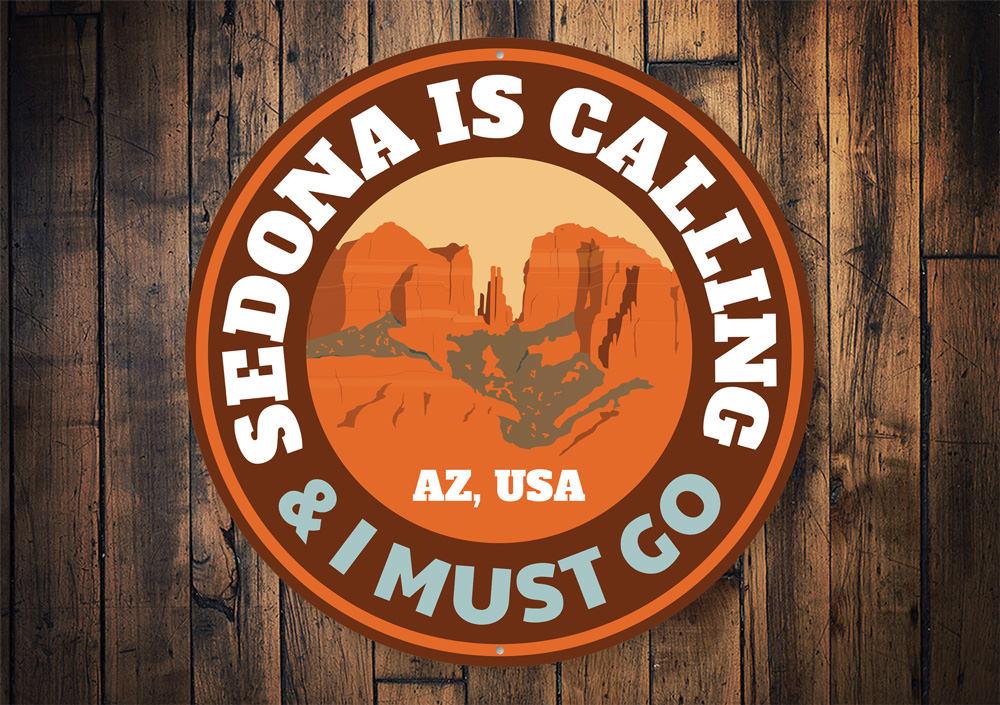 Sedona is Calling decorative sign made of aluminum, featuring vibrant colors and a rustic design, perfect for home decor.