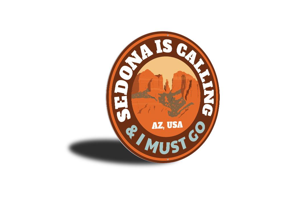 Sedona is Calling decorative sign made of aluminum, featuring vibrant colors and a rustic design, perfect for home decor.