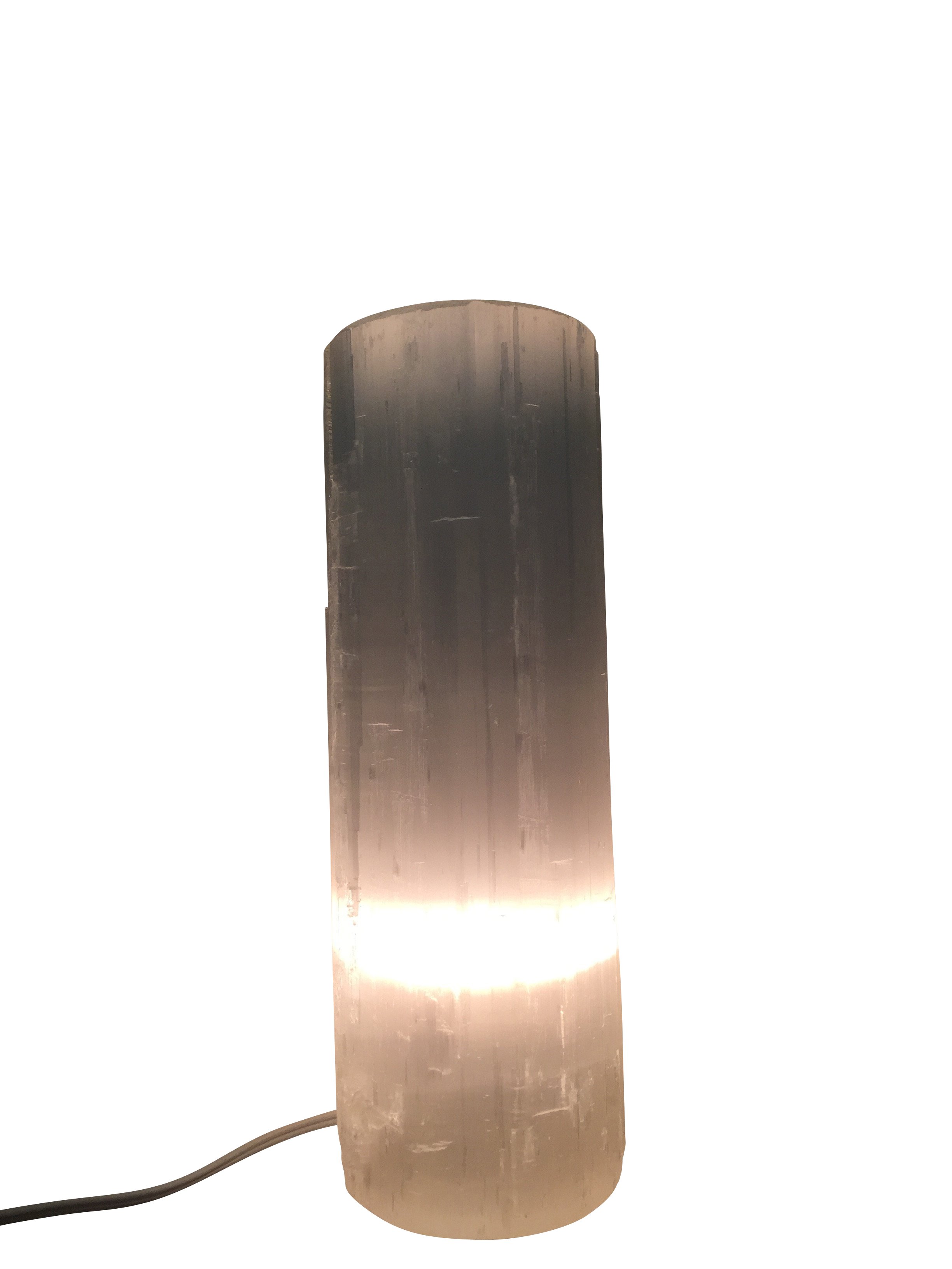 A Selenite Crystal Flat Top Lamp, showcasing its natural crystal structure and soft glow, perfect for meditation and home decor.