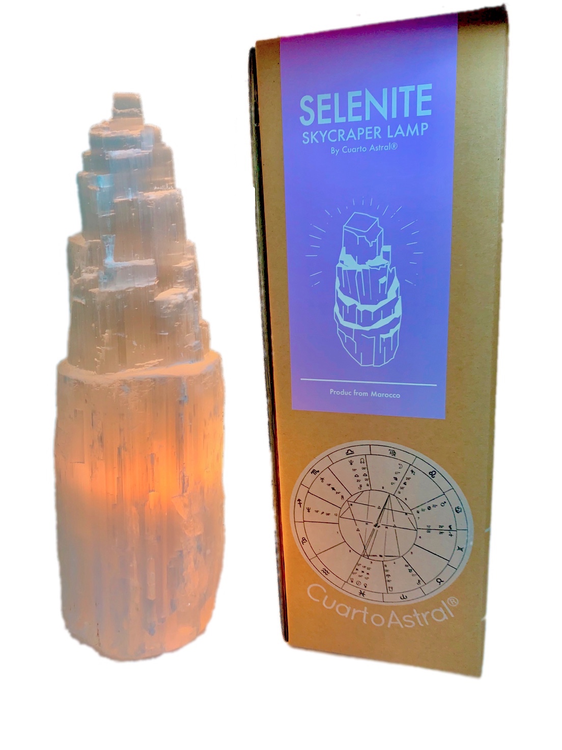 A beautifully handcrafted Selenite Crystal Skyscraper Lamp, showcasing its unique shape and natural glow.