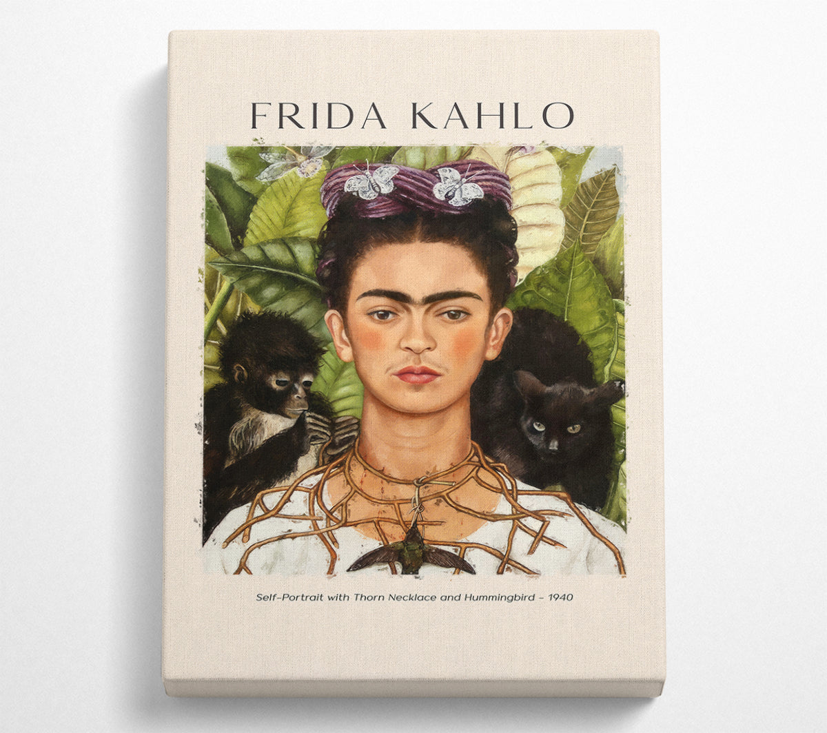 Frida Kahlo's Self-Portrait with Thorn Necklace and Hummingbird, vibrant canvas art mounted on a box frame.