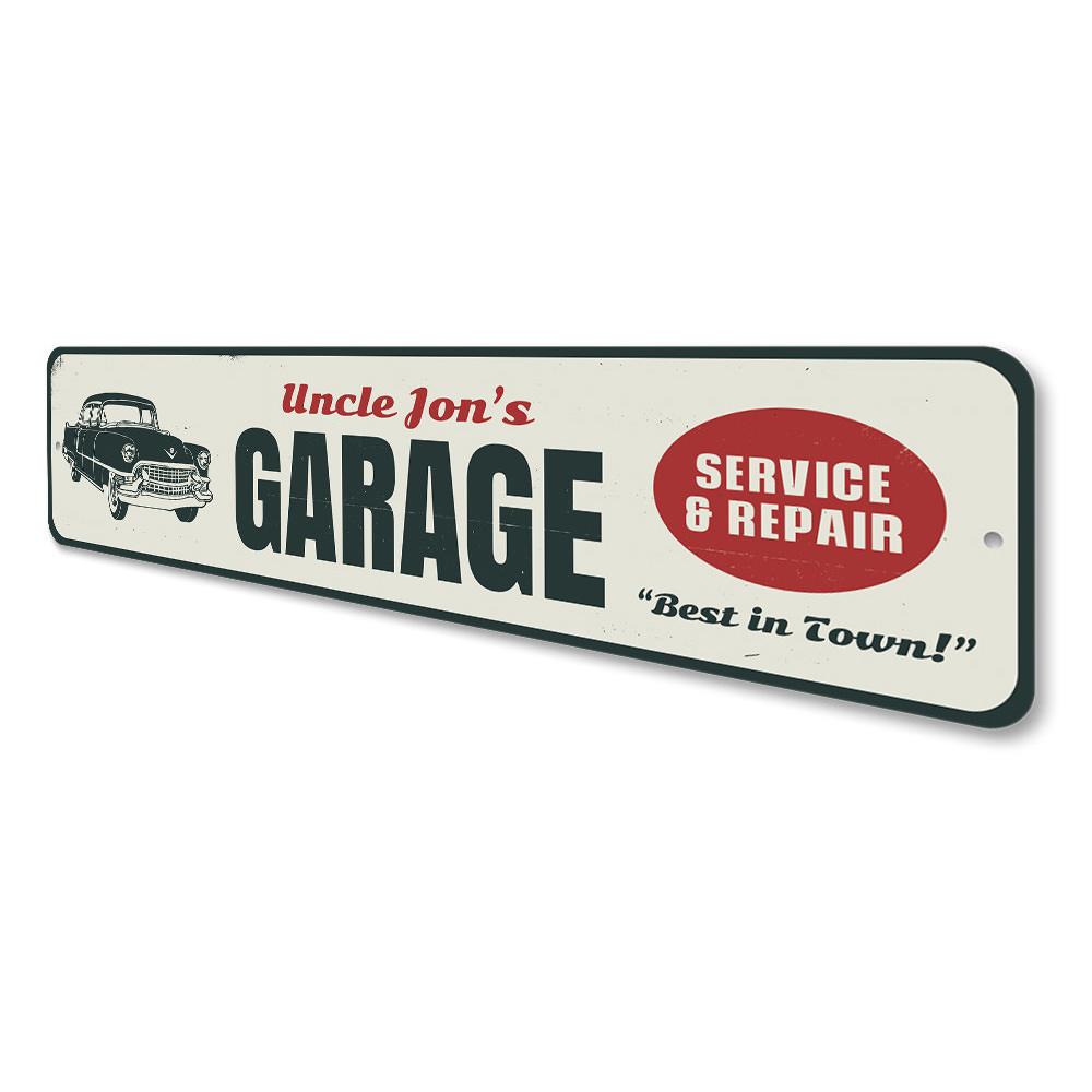 Customizable Service & Repair Garage Sign made from durable aluminum, featuring pre-drilled holes for easy mounting.