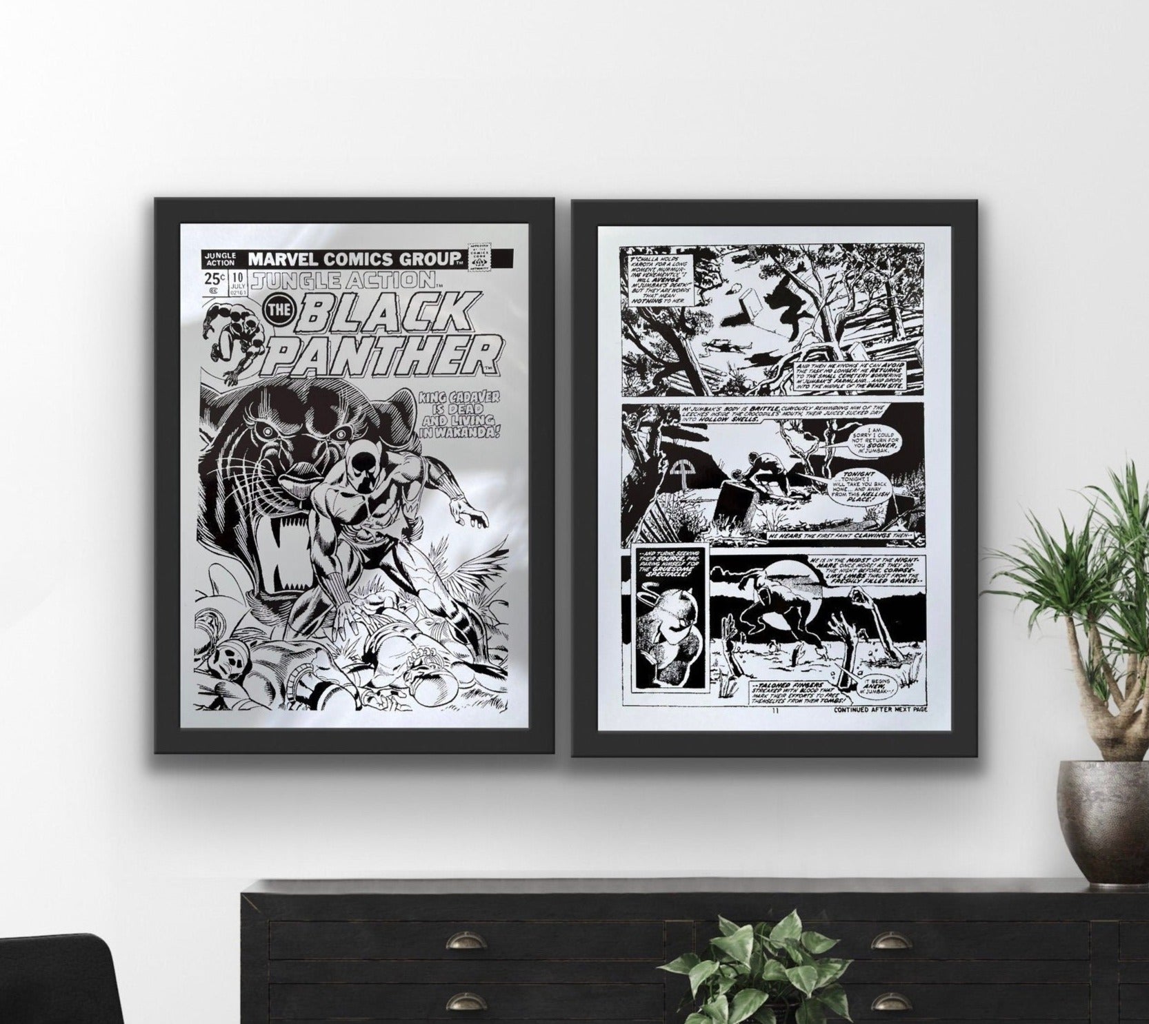 Set of 2 Black Panther prints featuring comic cover and comic strip with black foil accents, showcasing the iconic character and Wakanda.