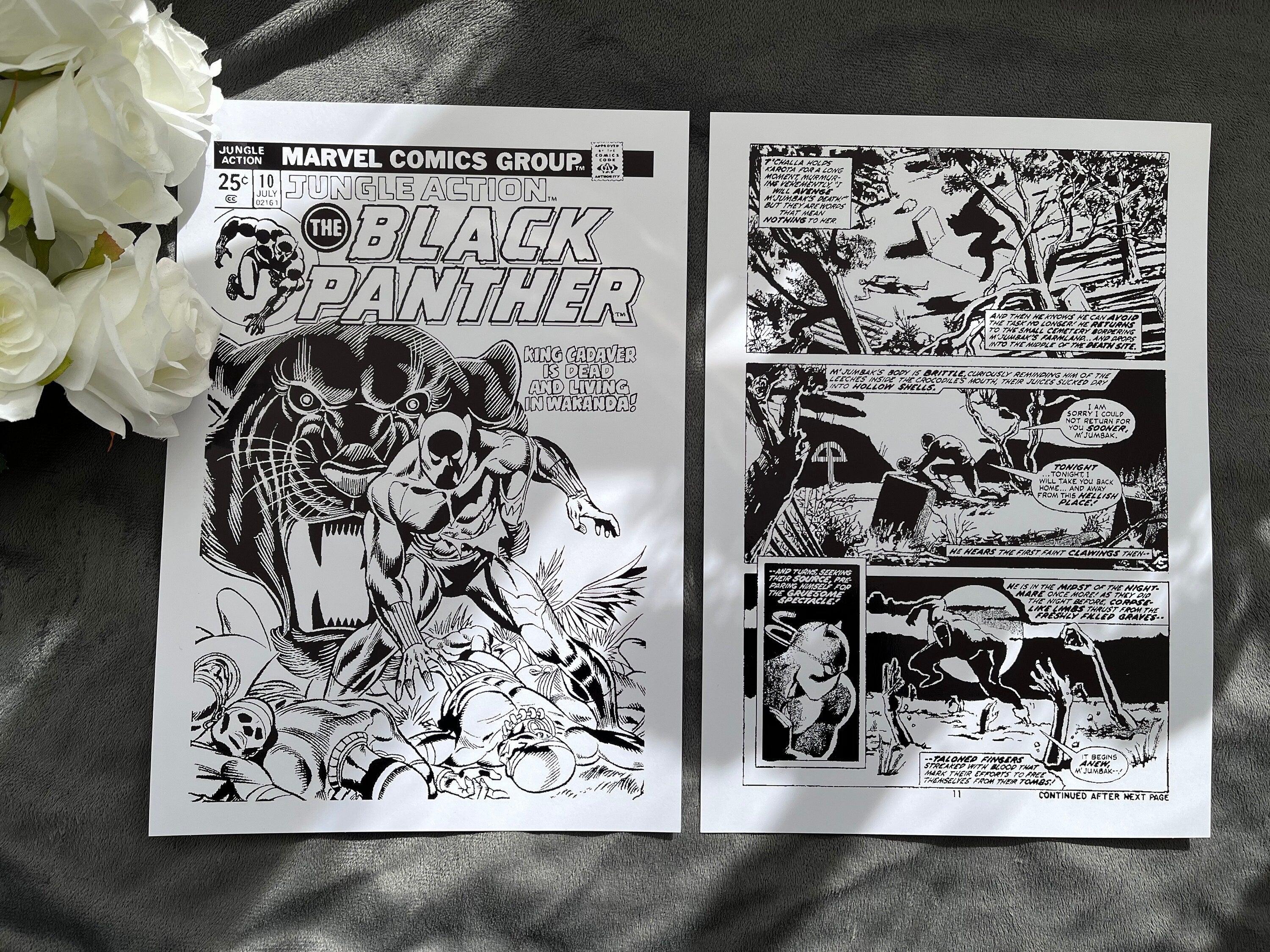 Set of 2 Black Panther prints featuring comic cover and comic strip with black foil accents, showcasing the iconic character and Wakanda.