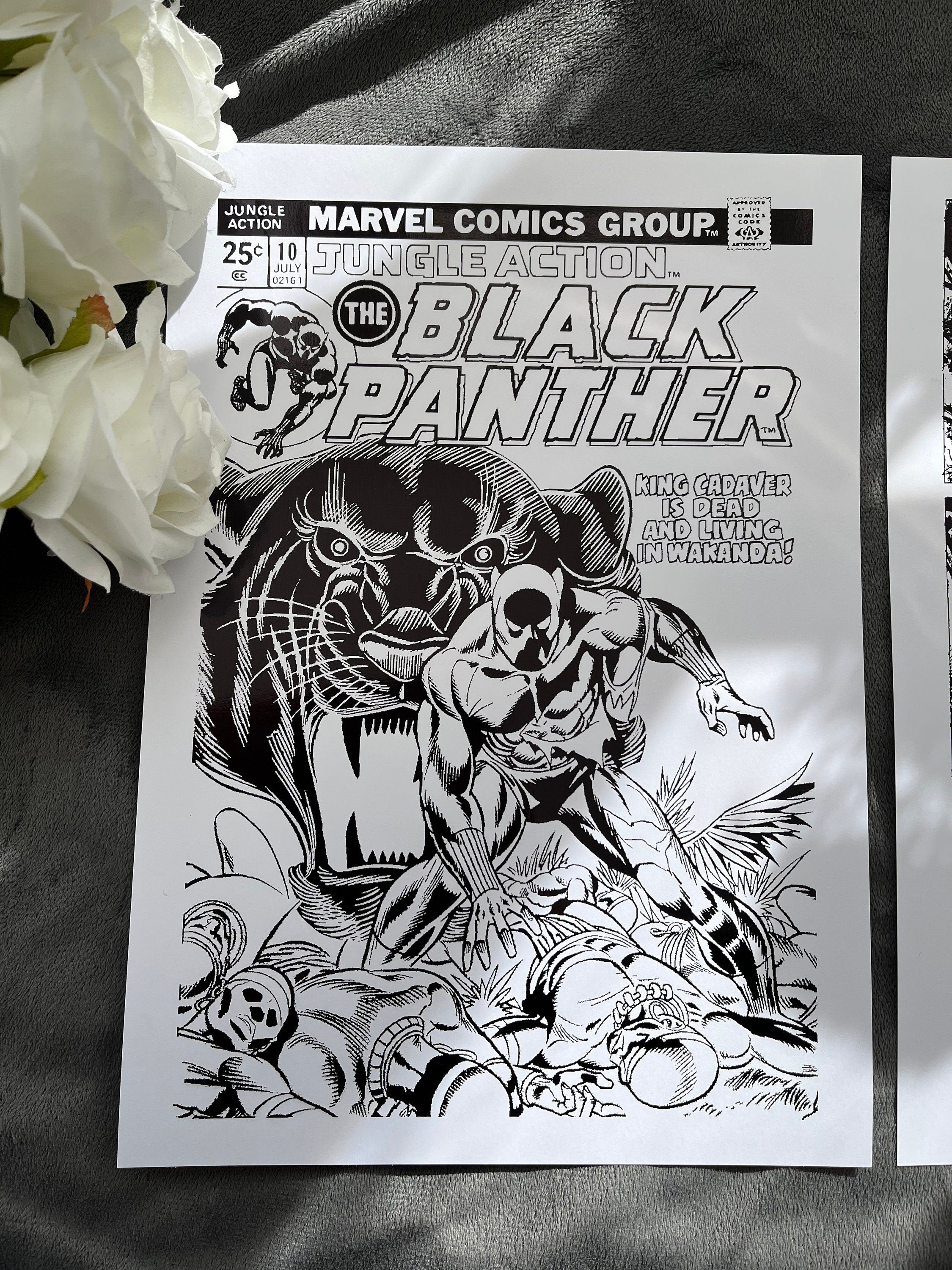 Set of 2 Black Panther prints featuring comic cover and comic strip with black foil accents, showcasing the iconic character and Wakanda.