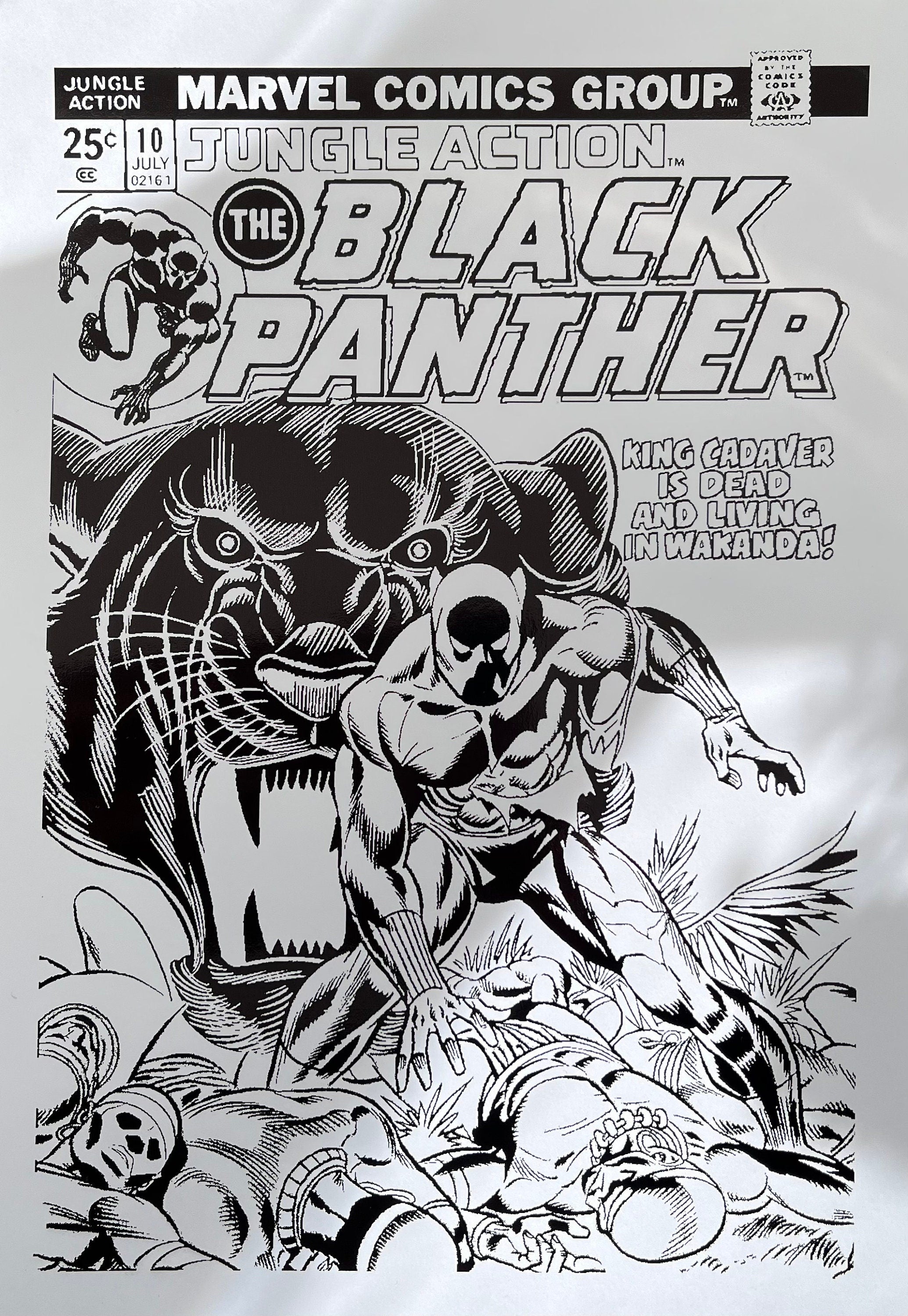 Set of 2 Black Panther prints featuring comic cover and comic strip with black foil accents, showcasing the iconic character and Wakanda.