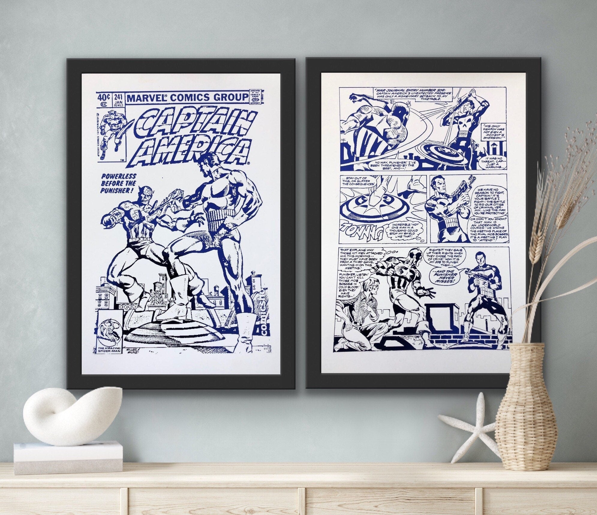 Set of 2 Captain America foil prints featuring vibrant comic cover and comic strip designs, showcasing the iconic superhero in a metallic finish.