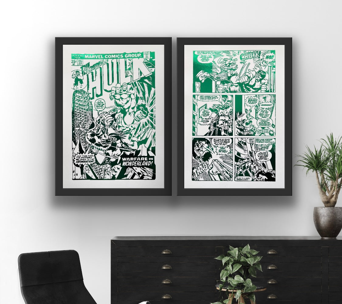 Set of 2 Hulk comic foil prints featuring vibrant artwork and metallic finish, perfect for wall decor.