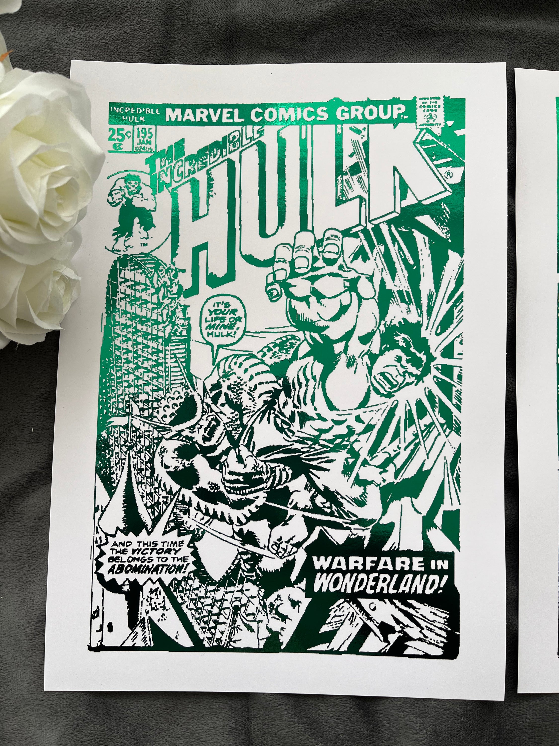 Set of 2 Hulk comic foil prints featuring vibrant artwork and metallic finish, perfect for wall decor.