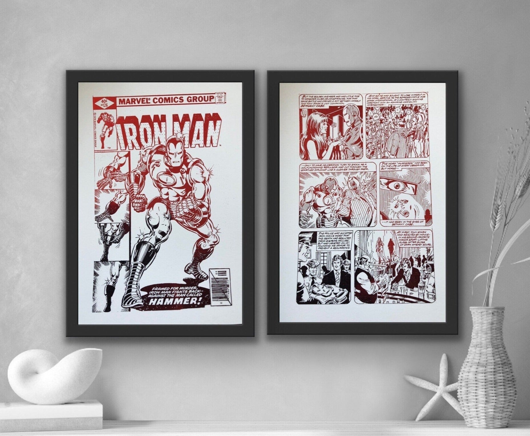 Set of 2 Iron Man foil prints featuring dynamic comic cover and comic strip designs with metallic finish.