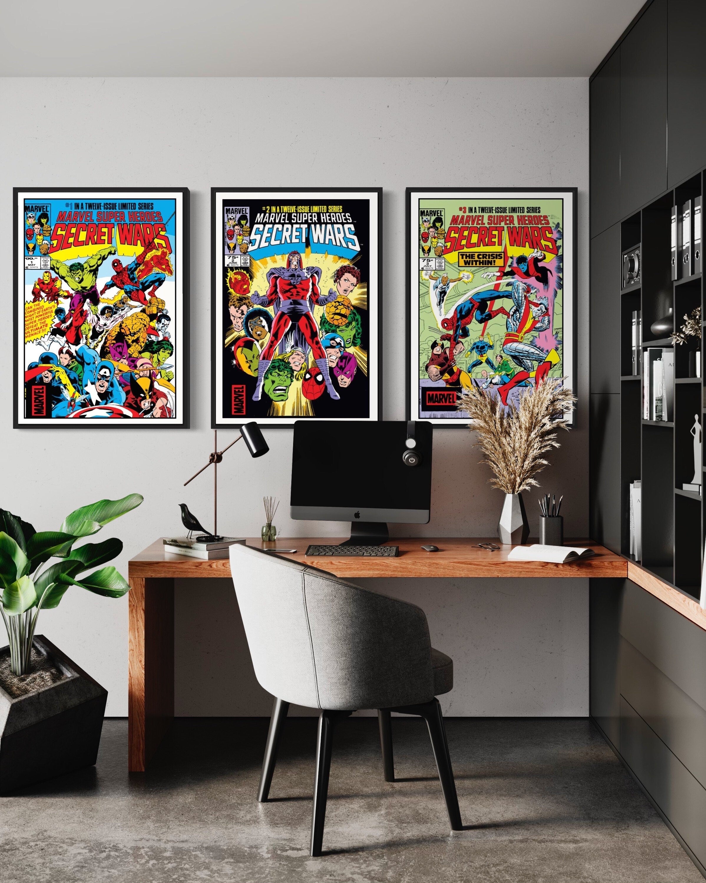 Set of 3 Secret Wars comic cover prints featuring editions 1, 2, and 3, showcasing vibrant artwork of iconic superheroes and villains.