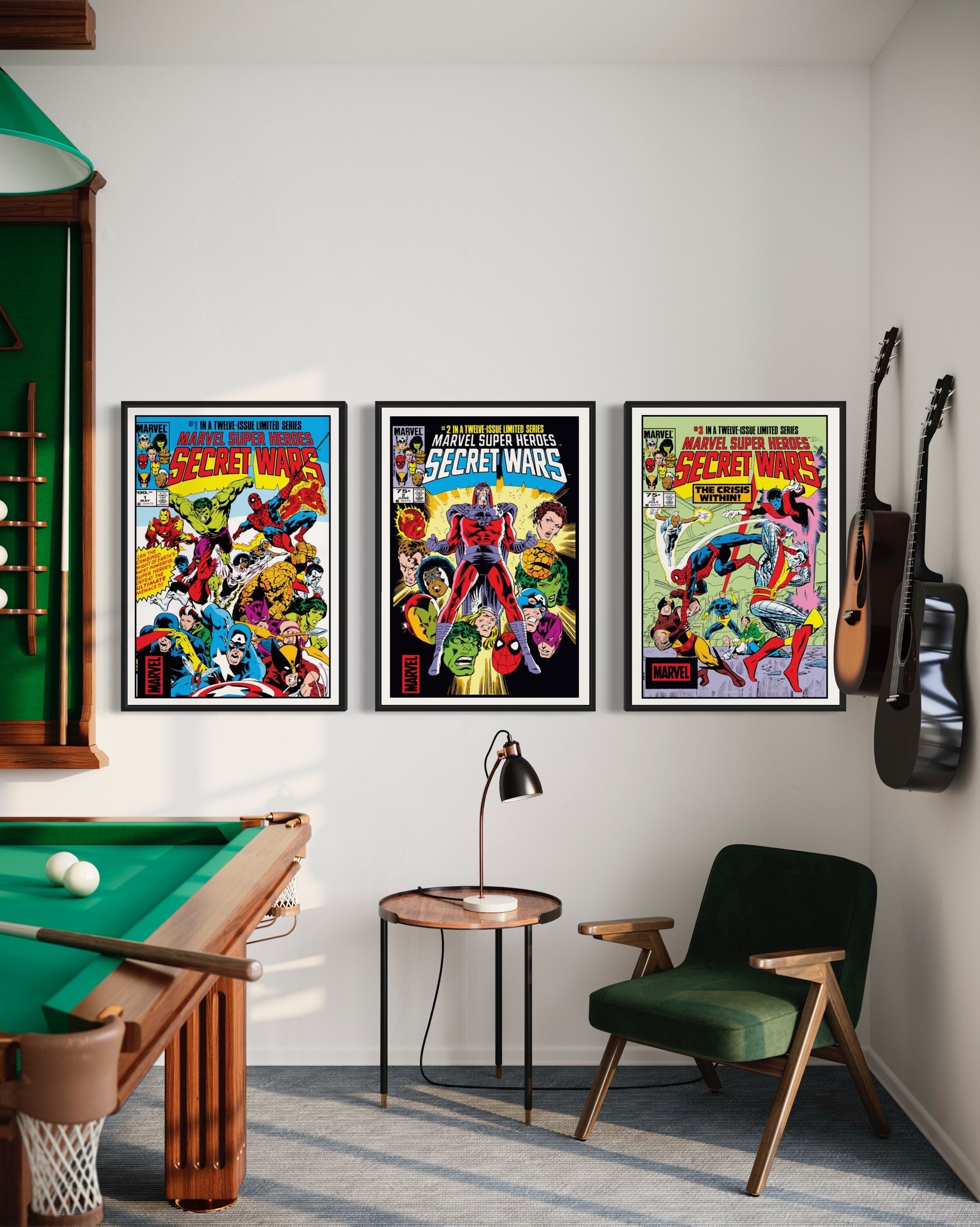 Set of 3 Secret Wars comic cover prints featuring editions 1, 2, and 3, showcasing vibrant artwork of iconic superheroes and villains.