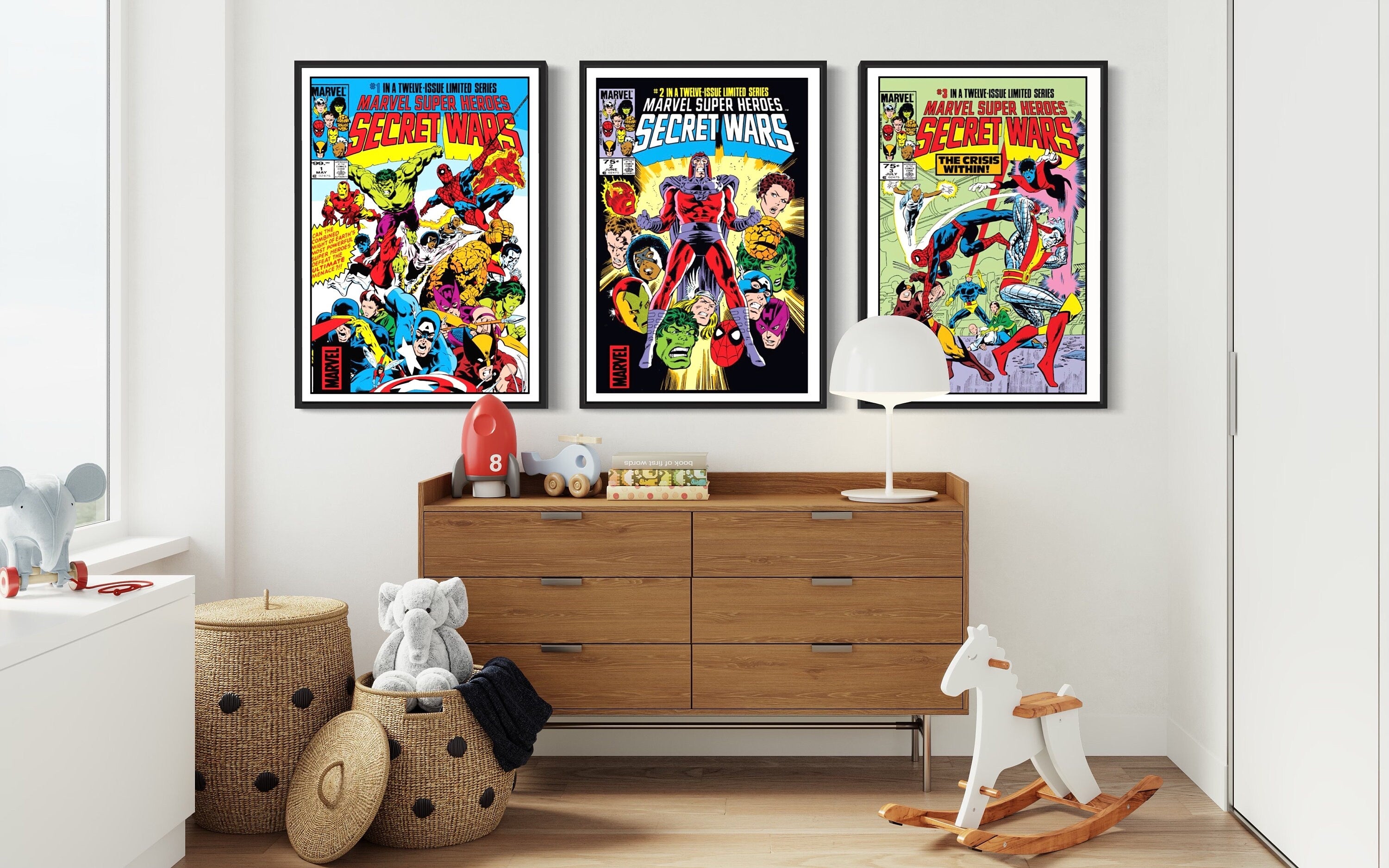 Set of 3 Secret Wars comic cover prints featuring editions 1, 2, and 3, showcasing vibrant artwork of iconic superheroes and villains.