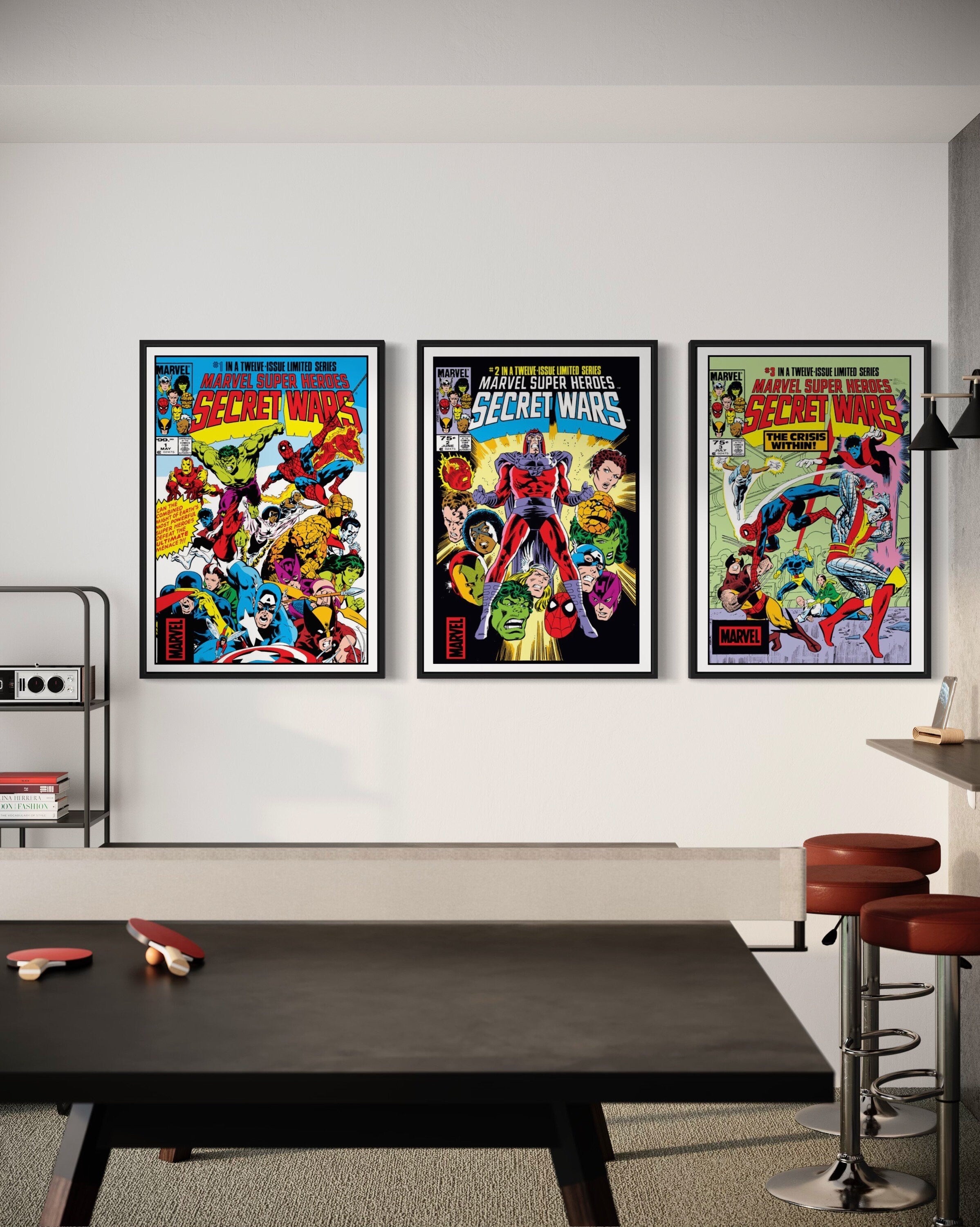 Set of 3 Secret Wars comic cover prints featuring editions 1, 2, and 3, showcasing vibrant artwork of iconic superheroes and villains.