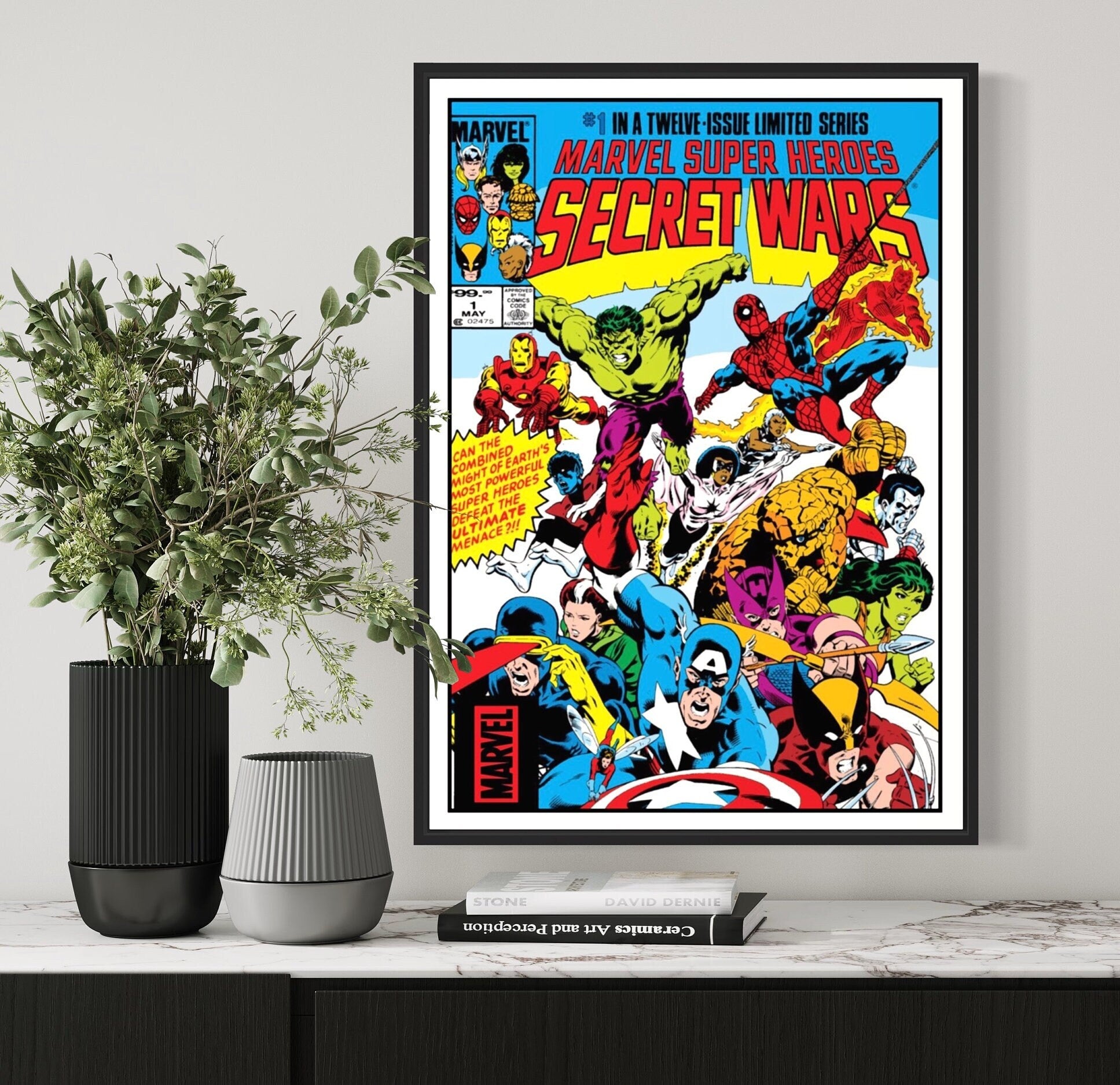 Set of 3 Secret Wars comic cover prints featuring editions 1, 2, and 3, showcasing vibrant artwork of iconic superheroes and villains.