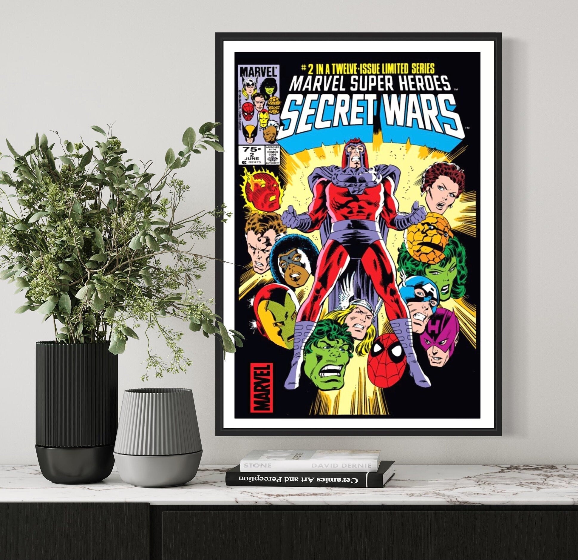 Set of 3 Secret Wars comic cover prints featuring editions 1, 2, and 3, showcasing vibrant artwork of iconic superheroes and villains.