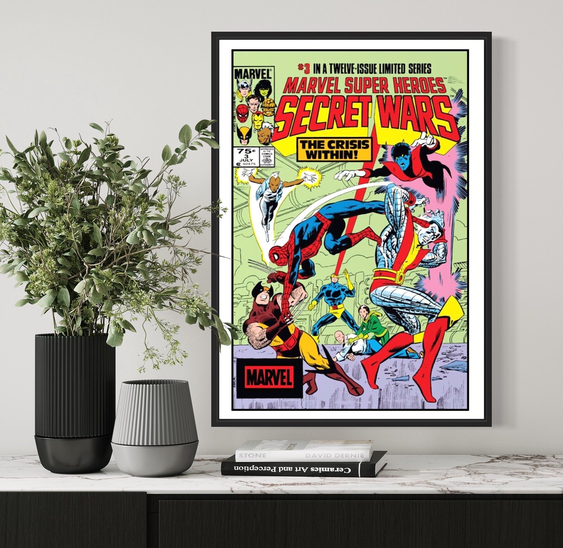 Set of 3 Secret Wars comic cover prints featuring editions 1, 2, and 3, showcasing vibrant artwork of iconic superheroes and villains.