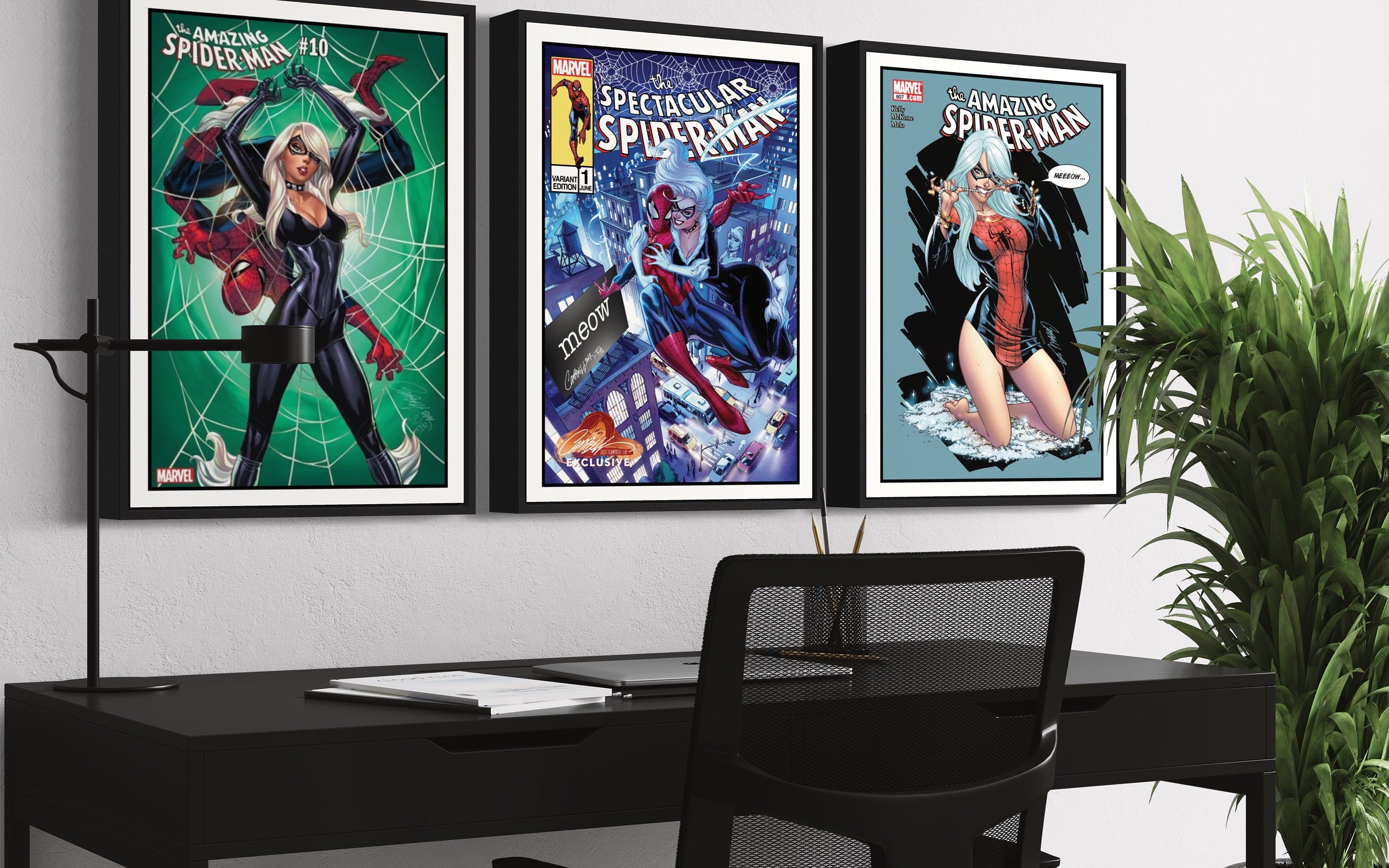 Set of 3 comic book prints featuring Spider-Man and Black Cat in dynamic poses, showcasing their chemistry and adventures.