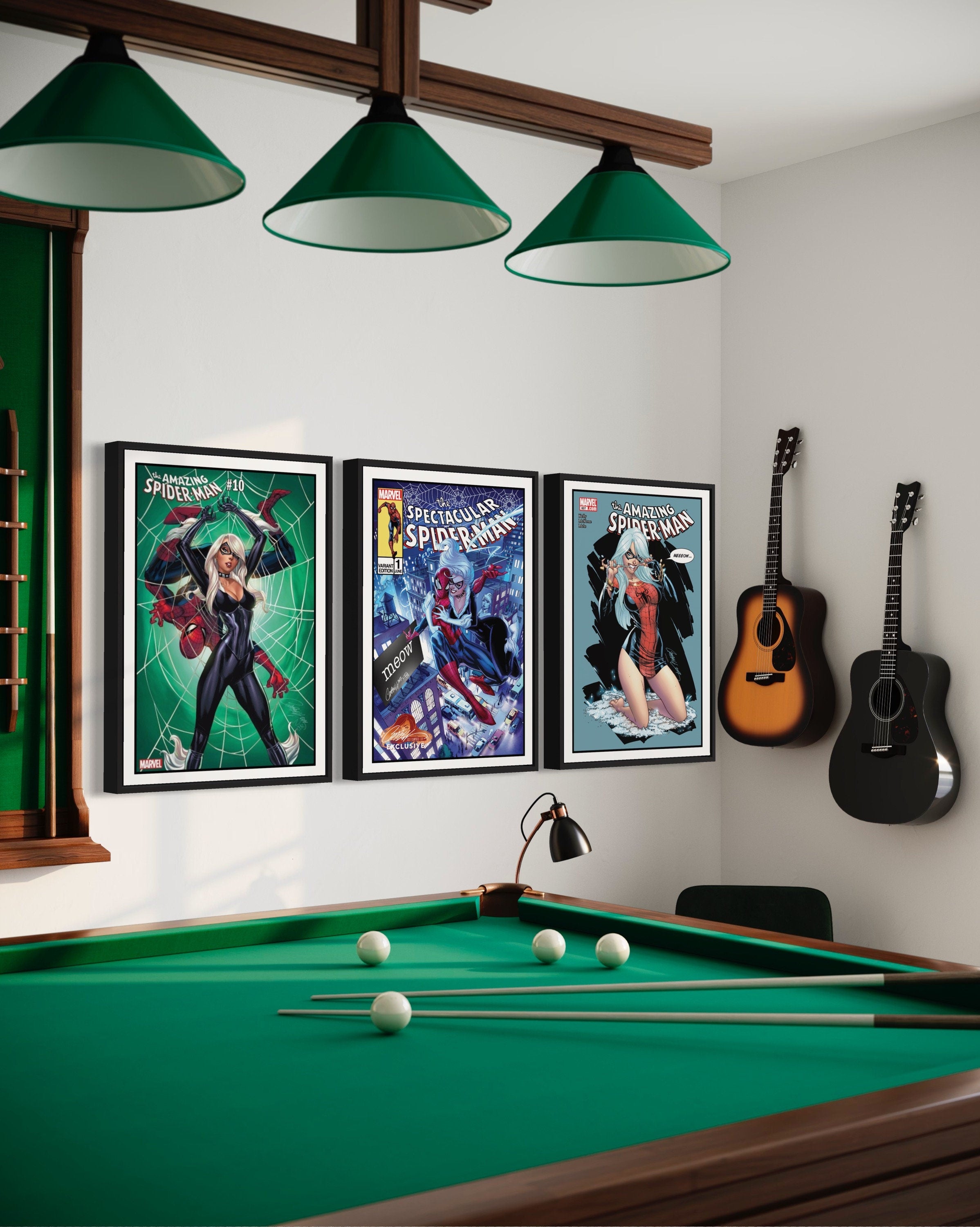 Set of 3 comic book prints featuring Spider-Man and Black Cat in dynamic poses, showcasing their chemistry and adventures.