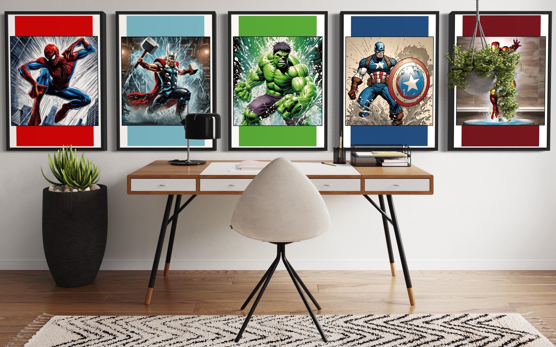 Set of 5 vibrant superhero prints featuring Spider-Man, Hulk, Captain America, Thor, and Iron Man with a modern colour block background.