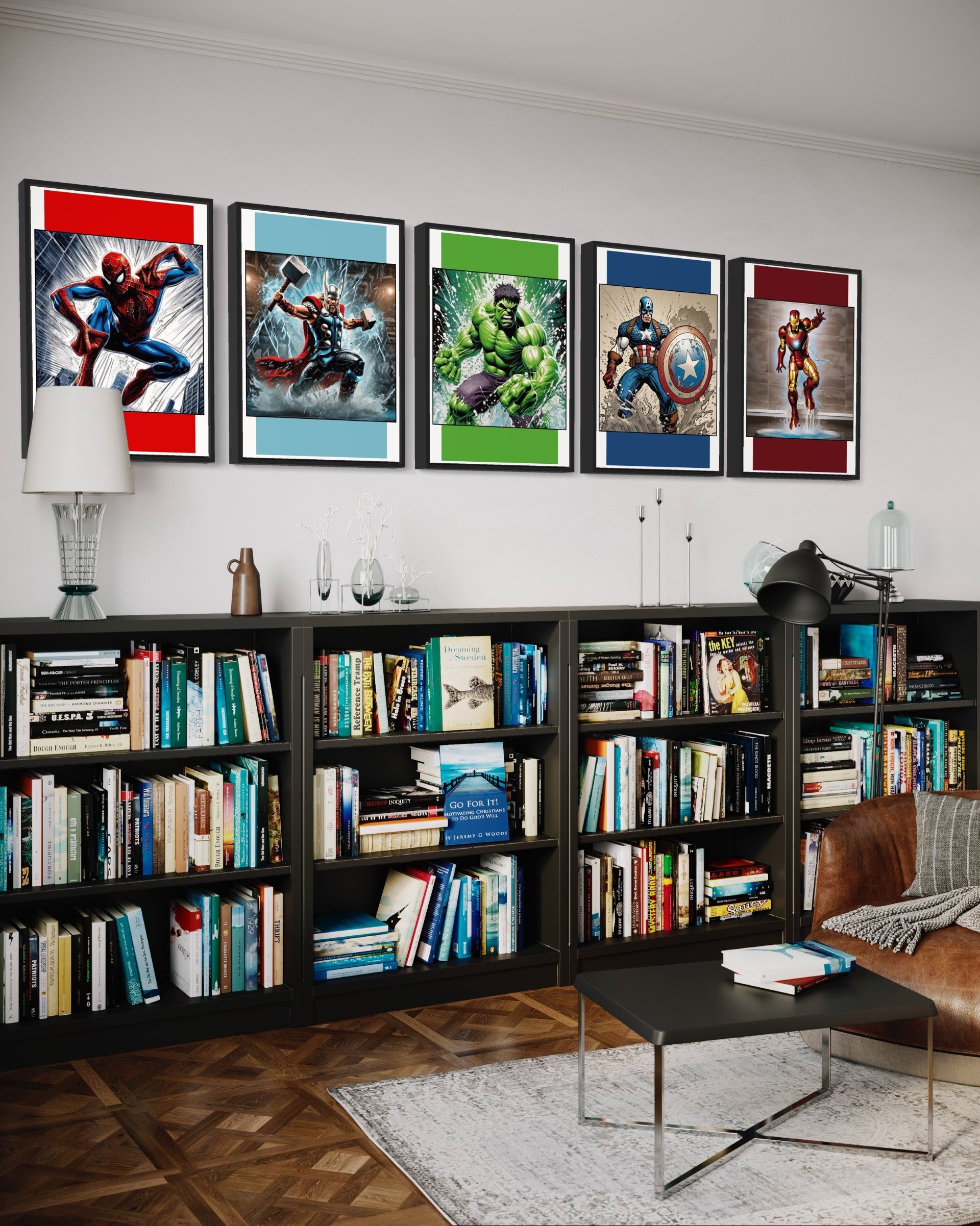 Set of 5 vibrant superhero prints featuring Spider-Man, Hulk, Captain America, Thor, and Iron Man with a modern colour block background.