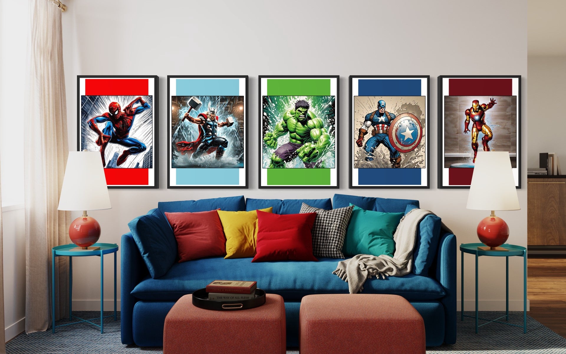 Set of 5 vibrant superhero prints featuring Spider-Man, Hulk, Captain America, Thor, and Iron Man with a modern colour block background.