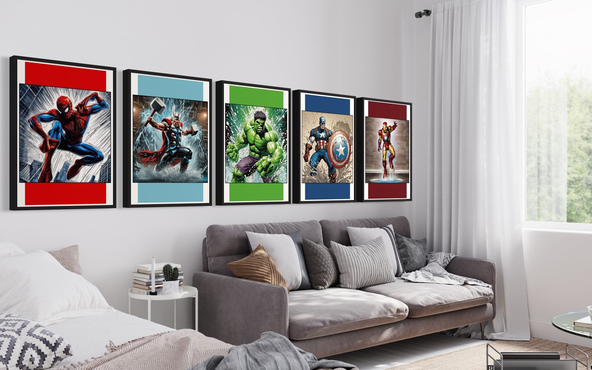 Set of 5 vibrant superhero prints featuring Spider-Man, Hulk, Captain America, Thor, and Iron Man with a modern colour block background.