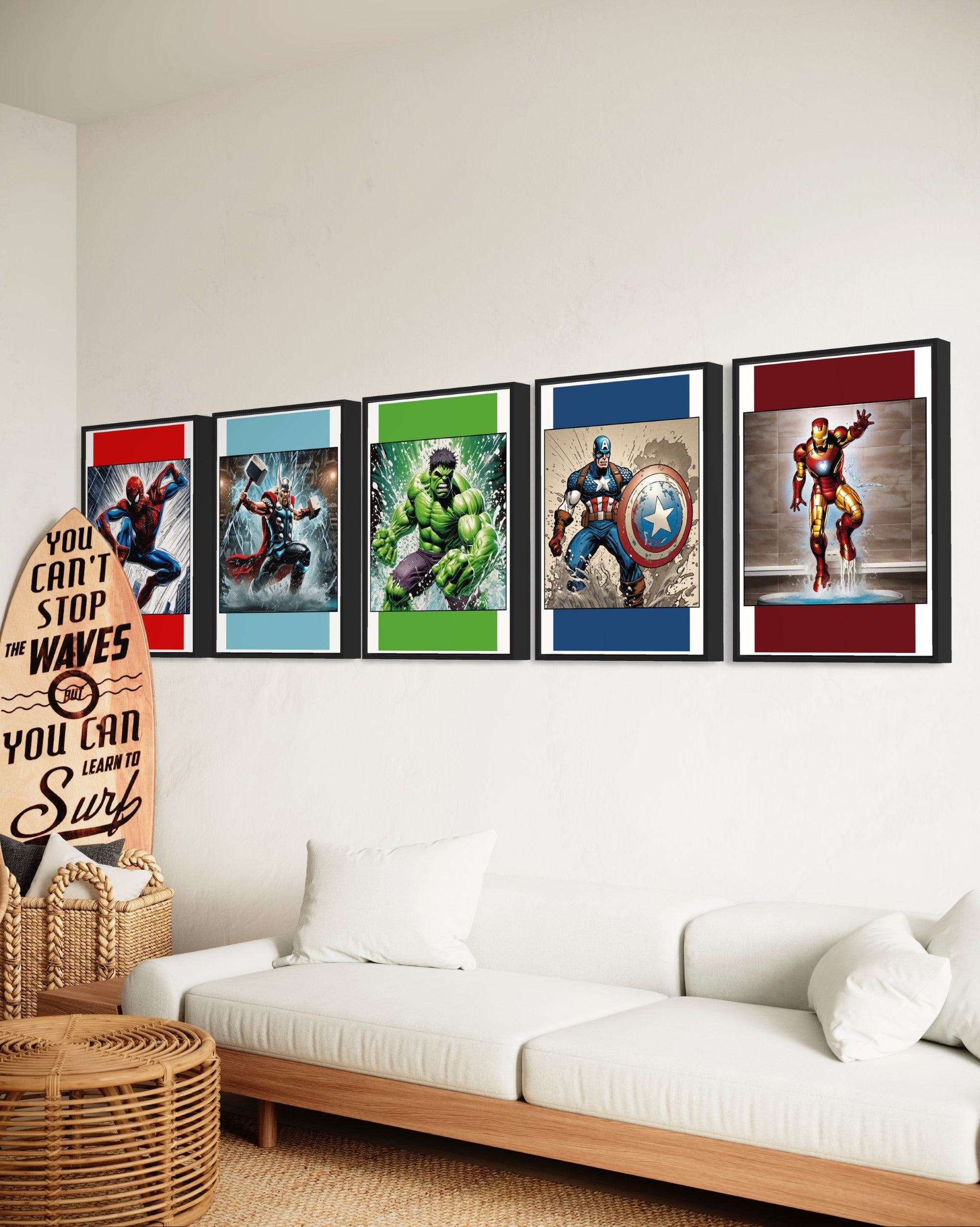 Set of 5 vibrant superhero prints featuring Spider-Man, Hulk, Captain America, Thor, and Iron Man with a modern colour block background.