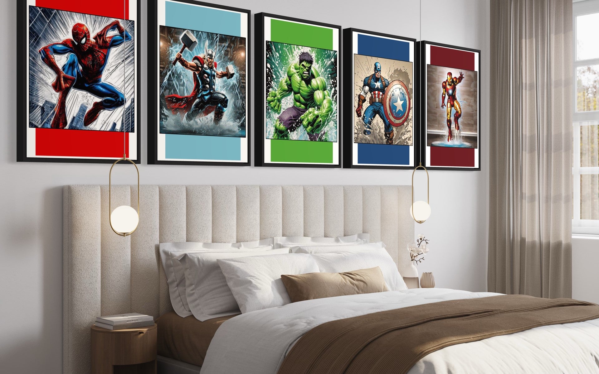 Set of 5 vibrant superhero prints featuring Spider-Man, Hulk, Captain America, Thor, and Iron Man with a modern colour block background.