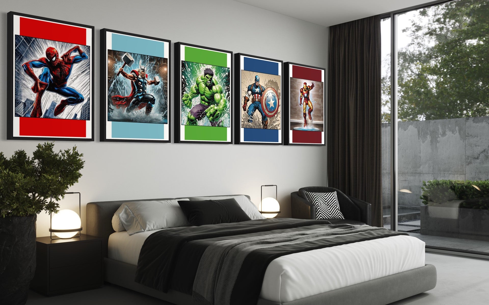 Set of 5 vibrant superhero prints featuring Spider-Man, Hulk, Captain America, Thor, and Iron Man with a modern colour block background.