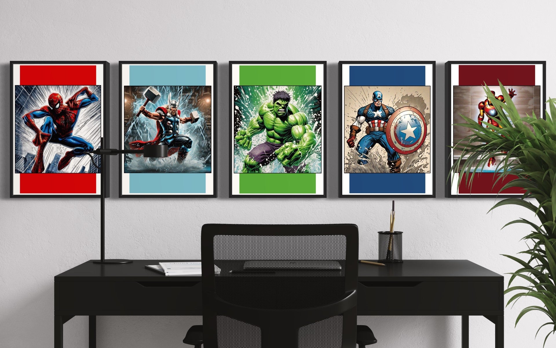 Set of 5 vibrant superhero prints featuring Spider-Man, Hulk, Captain America, Thor, and Iron Man with a modern colour block background.