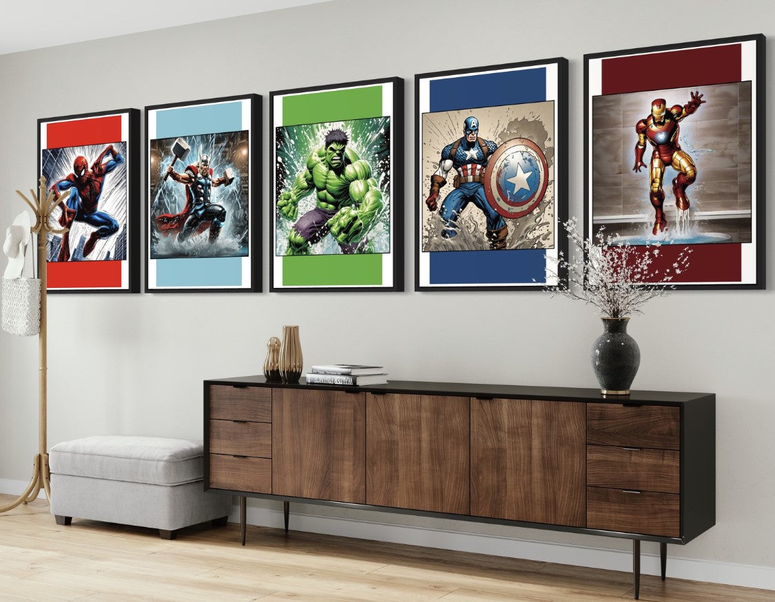 Set of 5 vibrant superhero prints featuring Spider-Man, Hulk, Captain America, Thor, and Iron Man with a modern colour block background.