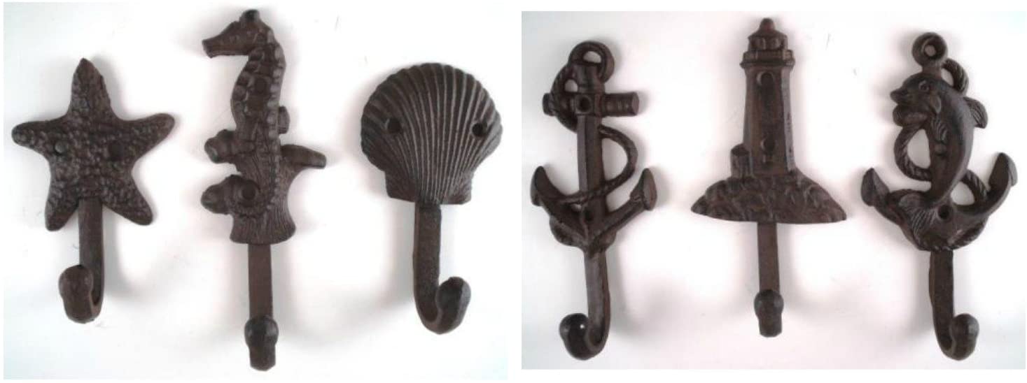 Set of 6 Nautical Cast Iron Wall Hooks featuring unique designs like Lighthouse, Dolphin, Anchor, Starfish, Seahorse, and Sea Shell.