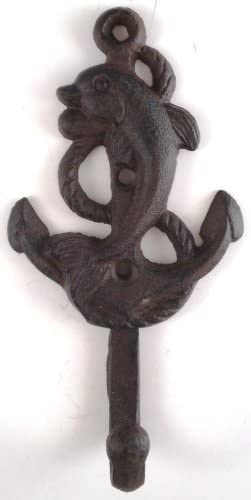 Set of 6 Nautical Cast Iron Wall Hooks featuring unique designs like Lighthouse, Dolphin, Anchor, Starfish, Seahorse, and Sea Shell.