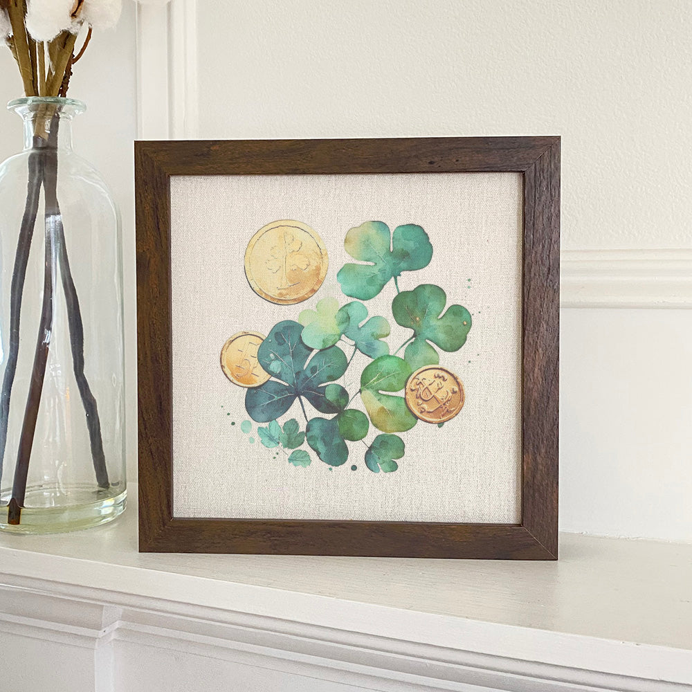 A beautifully framed Shamrocks and Coins sign with a linen-look background, available in walnut or white-washed frame.