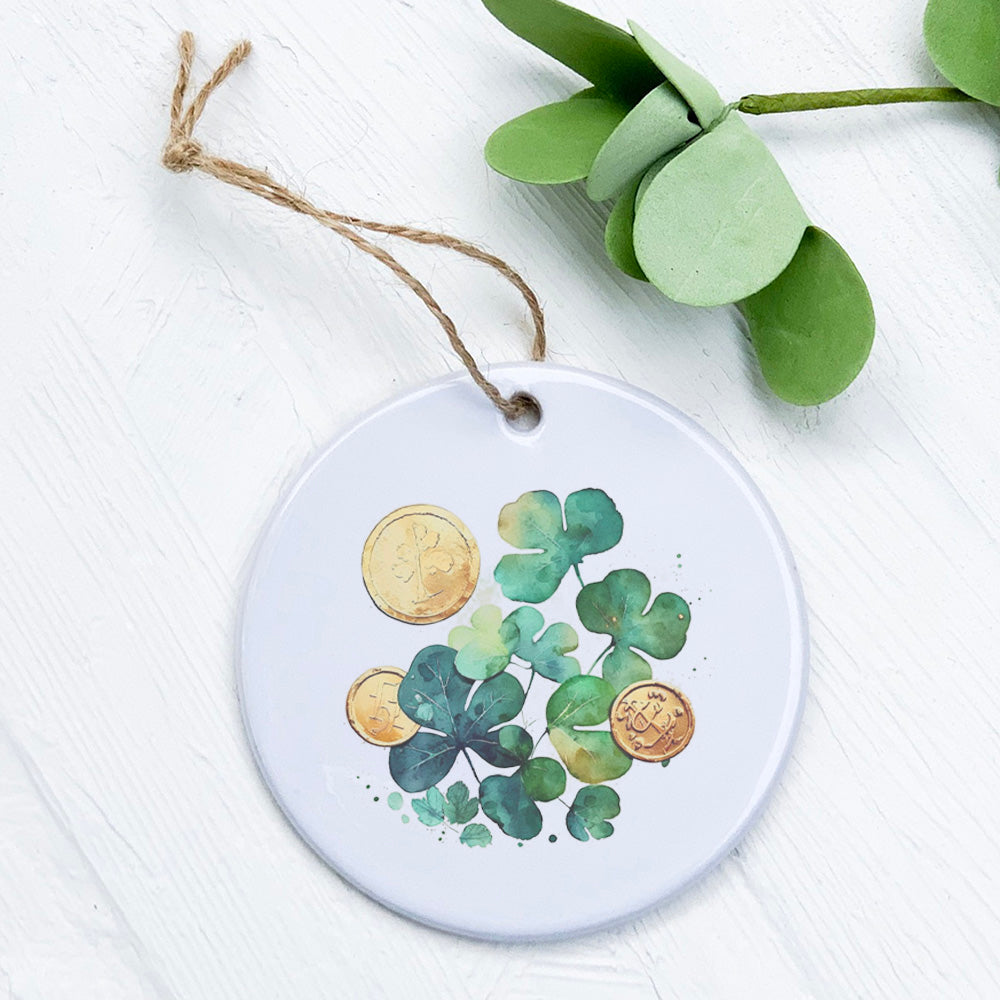 Shamrocks and Coins porcelain ornament featuring vibrant design, smooth glossy finish, and 2.75-inch diameter.