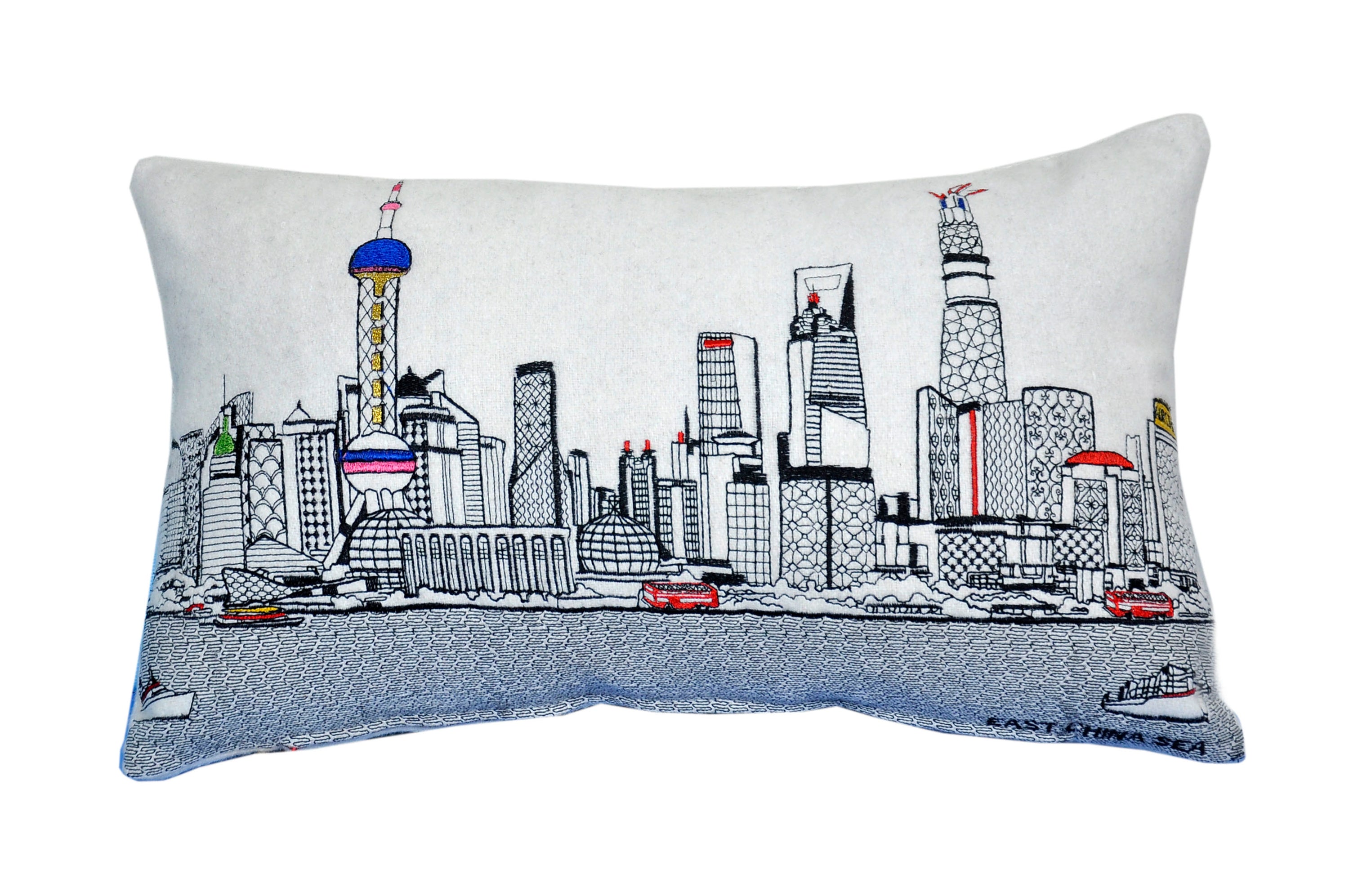 Shanghai Pillow featuring iconic landmarks and vibrant colors, showcasing the city's skyline.