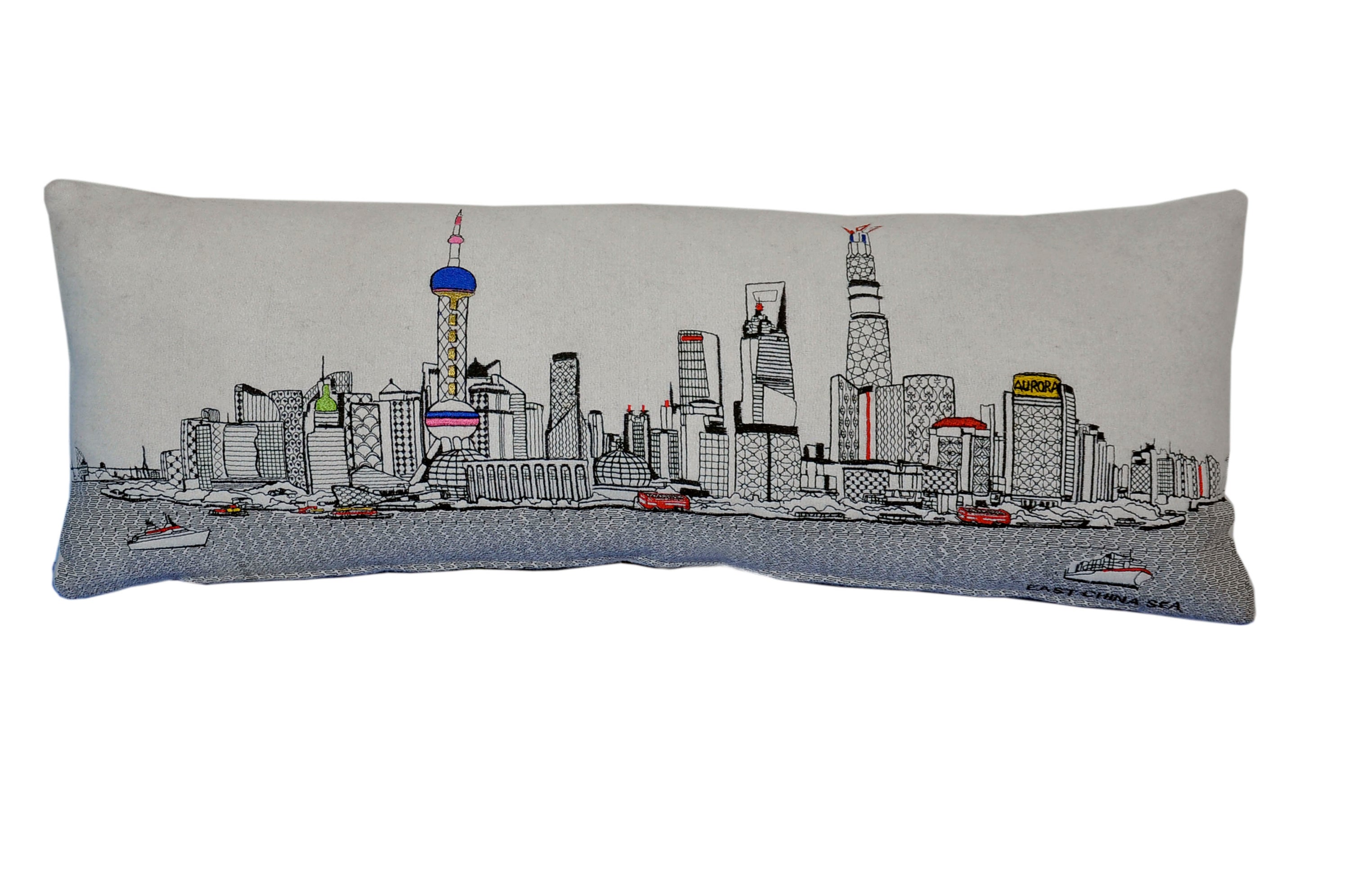 Shanghai Pillow featuring iconic landmarks and vibrant colors, showcasing the city's skyline.