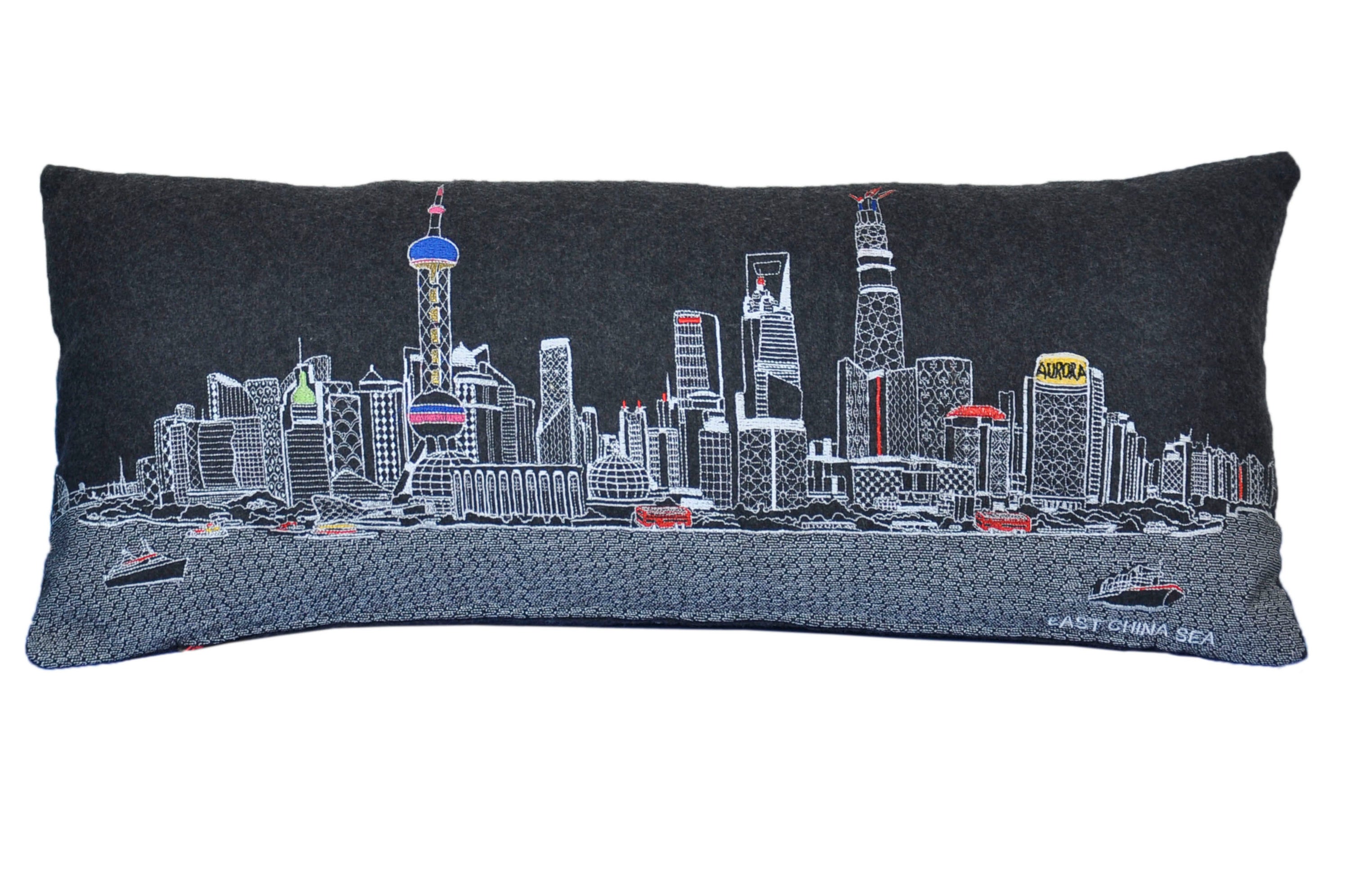 Shanghai Pillow featuring iconic landmarks and vibrant colors, showcasing the city's skyline.