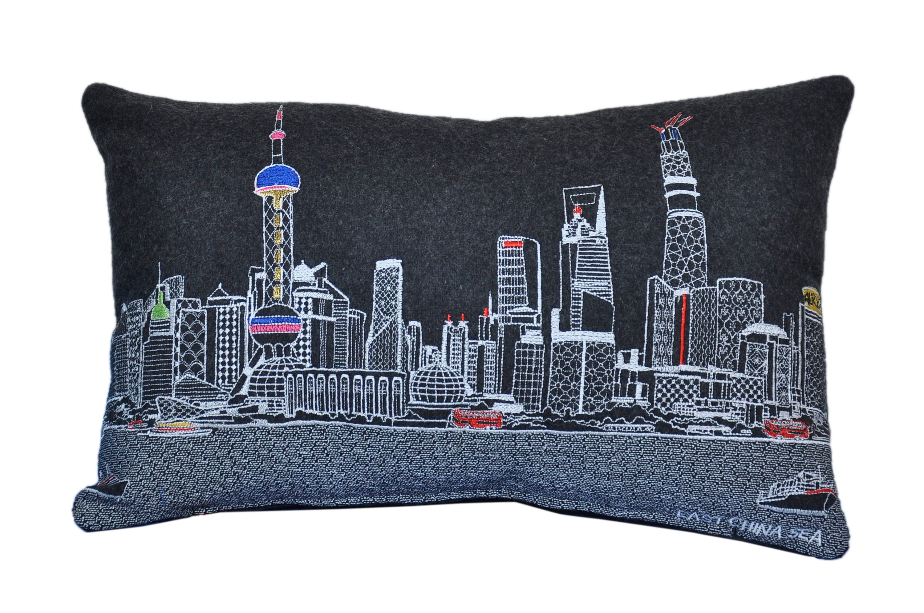 Shanghai Pillow featuring iconic landmarks and vibrant colors, showcasing the city's skyline.