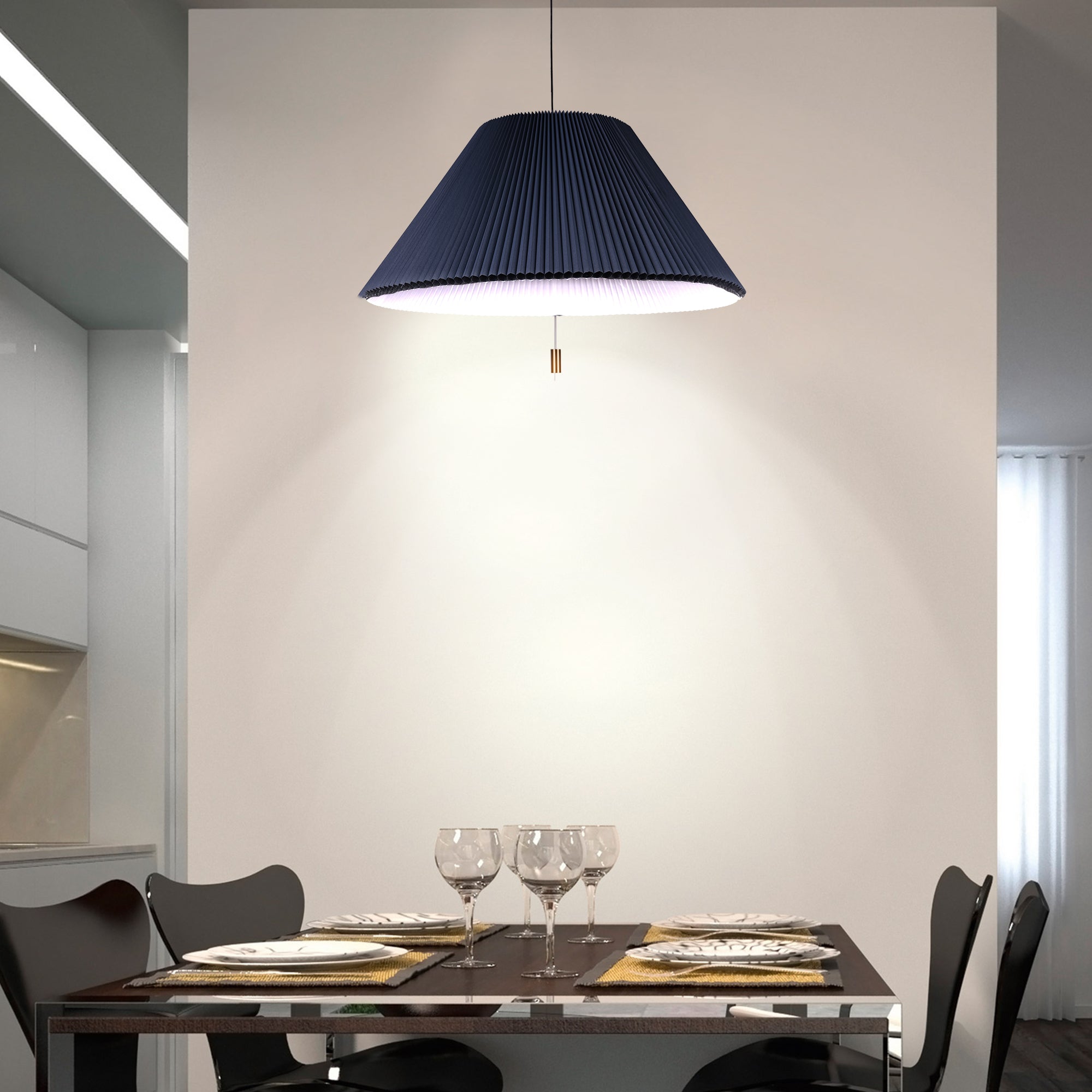 Shape Changing Pendant Lamp in blue, showcasing its adjustable origami-style design and elegant lighting.