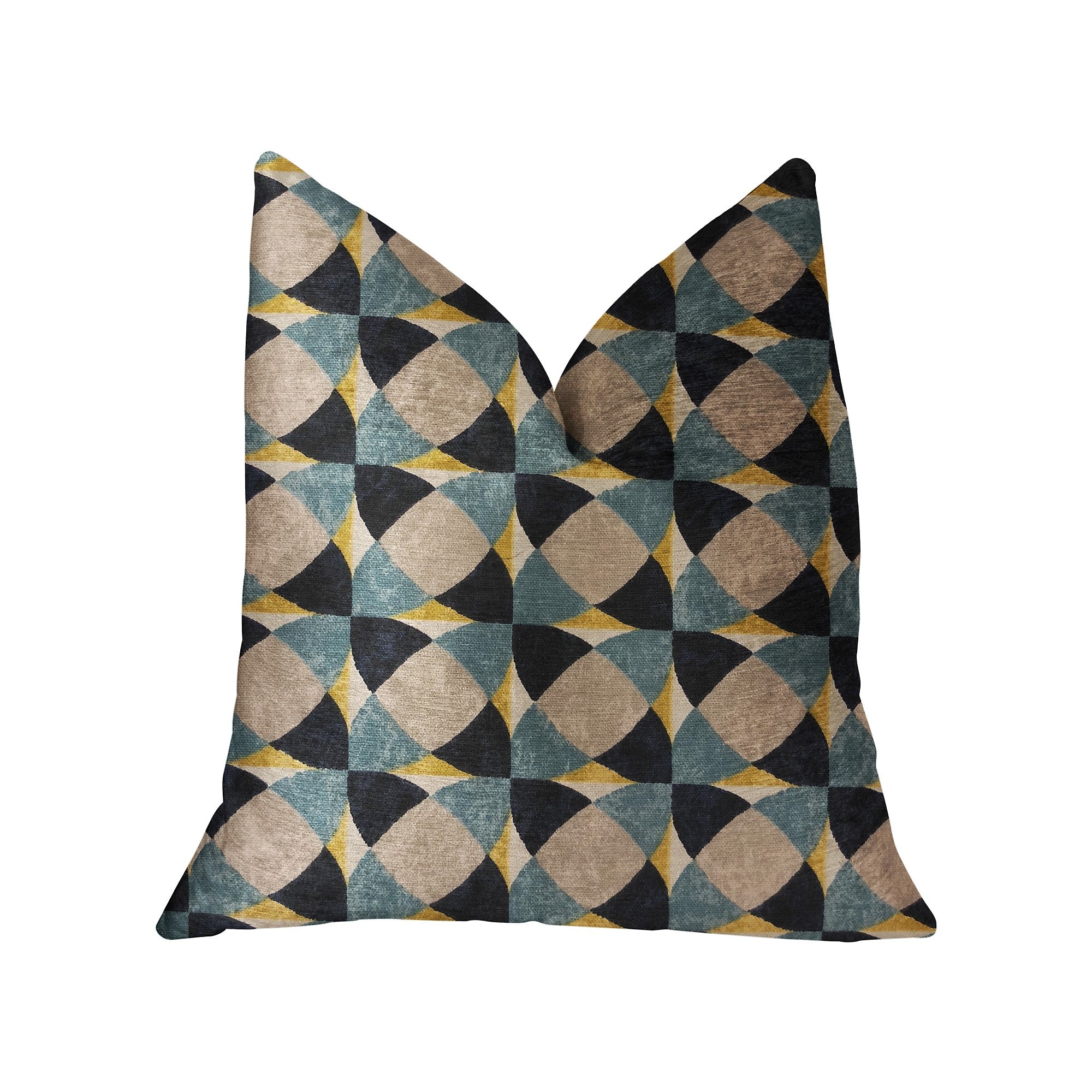 Shape Reflections Blue and Beige Luxury Throw Pillow featuring geometric pattern and invisible zipper closure.