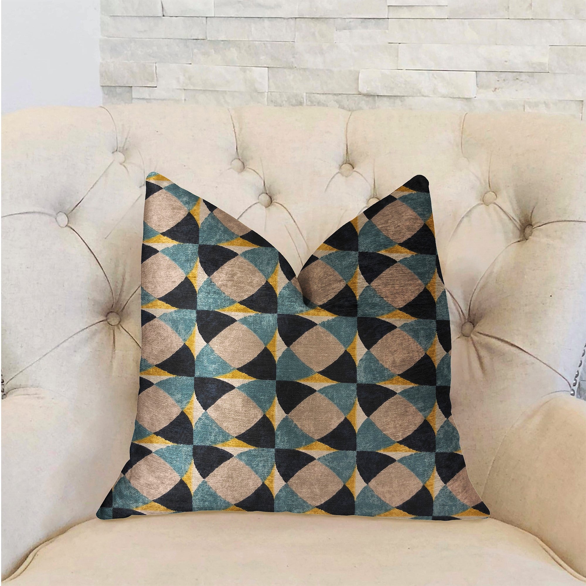 Shape Reflections Blue and Beige Luxury Throw Pillow featuring geometric pattern and invisible zipper closure.