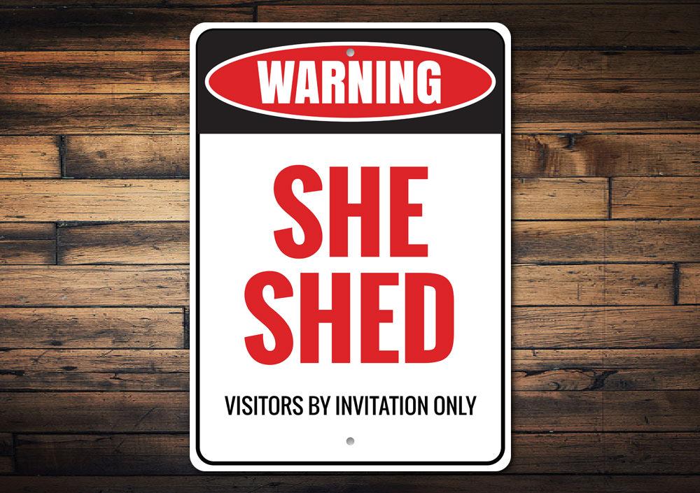 Customizable She Shed Sign made from high-quality aluminum, featuring pre-drilled holes for easy mounting.