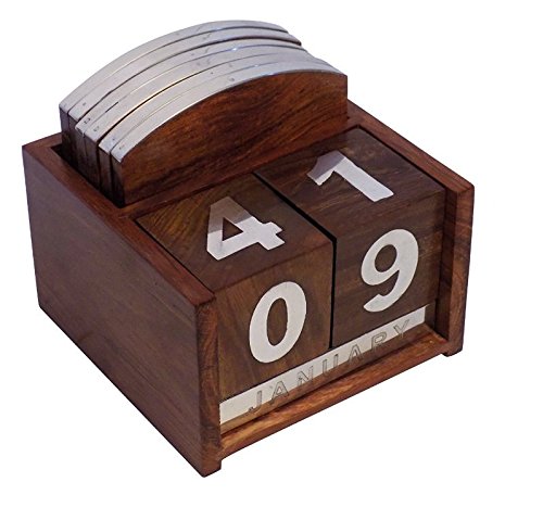 Sheesham Wood 2 in 1 Never Ending Date Calendar Cum Coaster Stand featuring a wooden holder, month sticks, date dice, and coasters.