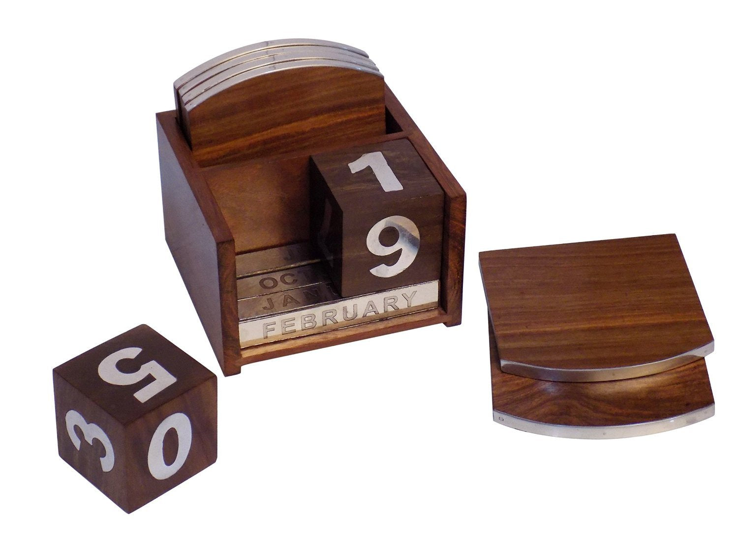 Sheesham Wood 2 in 1 Never Ending Date Calendar Cum Coaster Stand featuring a wooden holder, month sticks, date dice, and coasters.