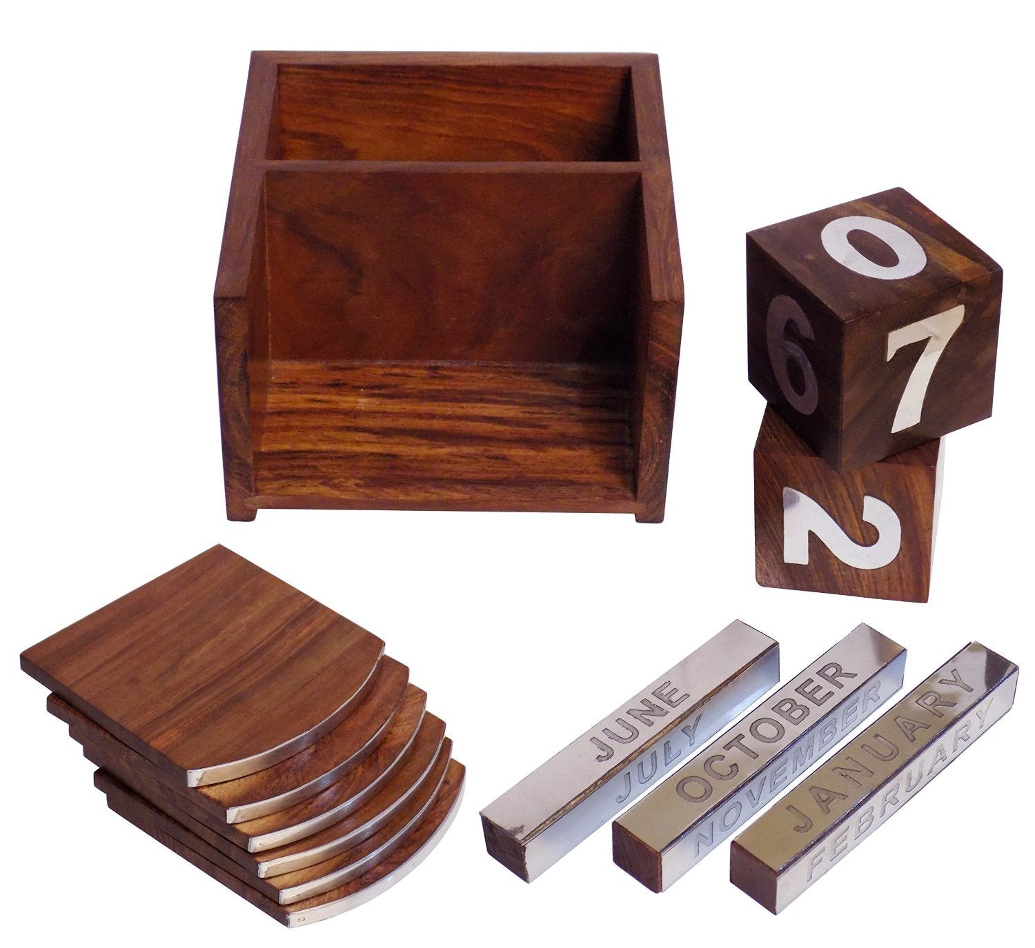 Sheesham Wood 2 in 1 Never Ending Date Calendar Cum Coaster Stand featuring a wooden holder, month sticks, date dice, and coasters.