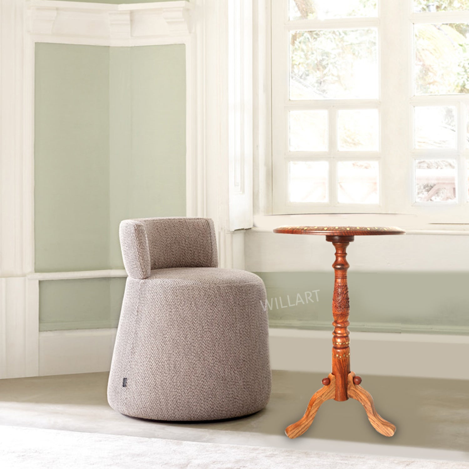 A beautifully handcrafted Sheesham wood folding stool table featuring intricate leaf designs and copper inlay work, perfect for modern living spaces.