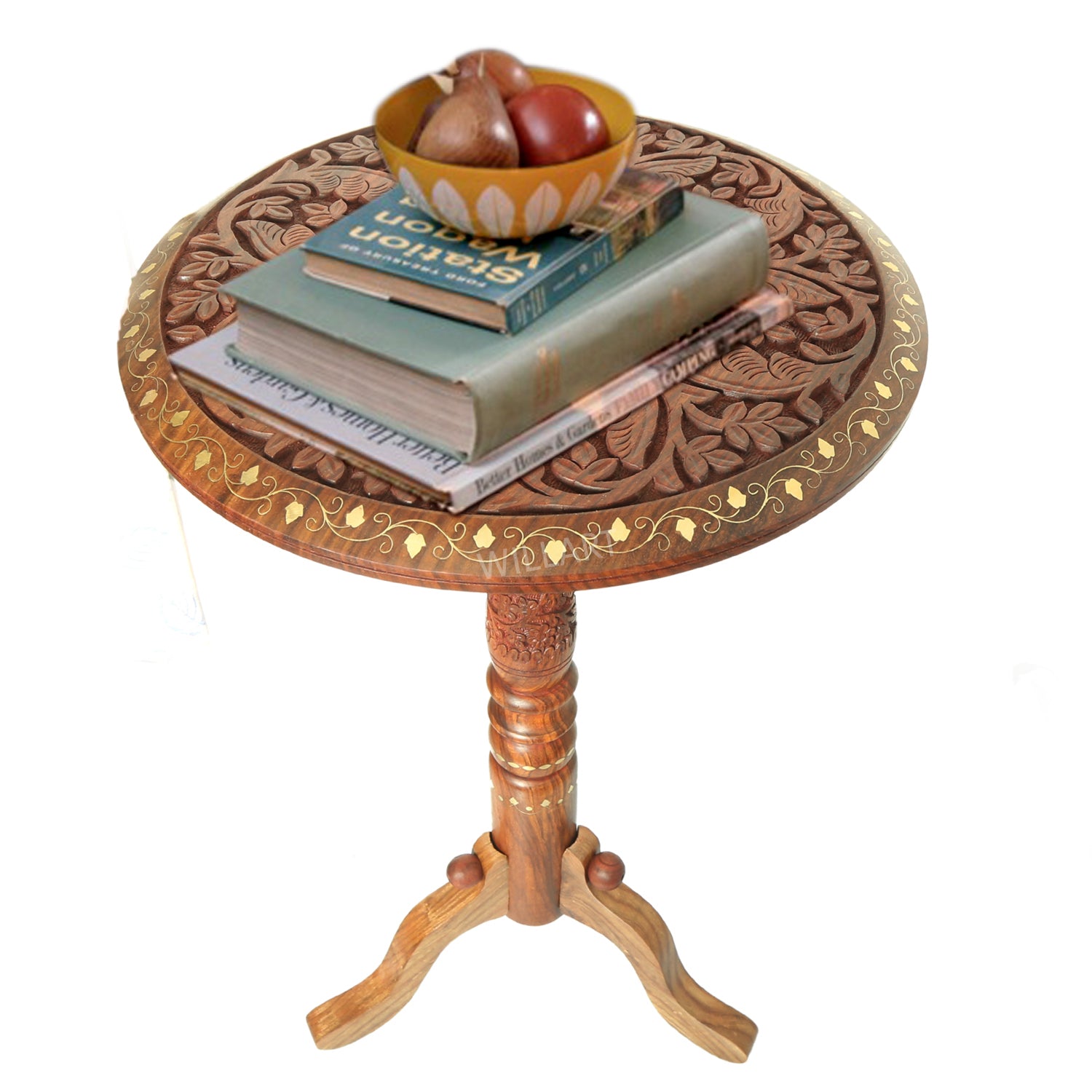 A beautifully handcrafted Sheesham wood folding stool table featuring intricate leaf designs and copper inlay work, perfect for modern living spaces.