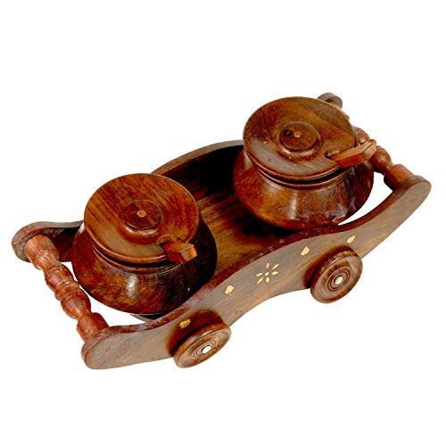 Sheesham wood handmade serving trolley with two bowls and spoons, elegantly designed for serving mouth fresheners and pickles.